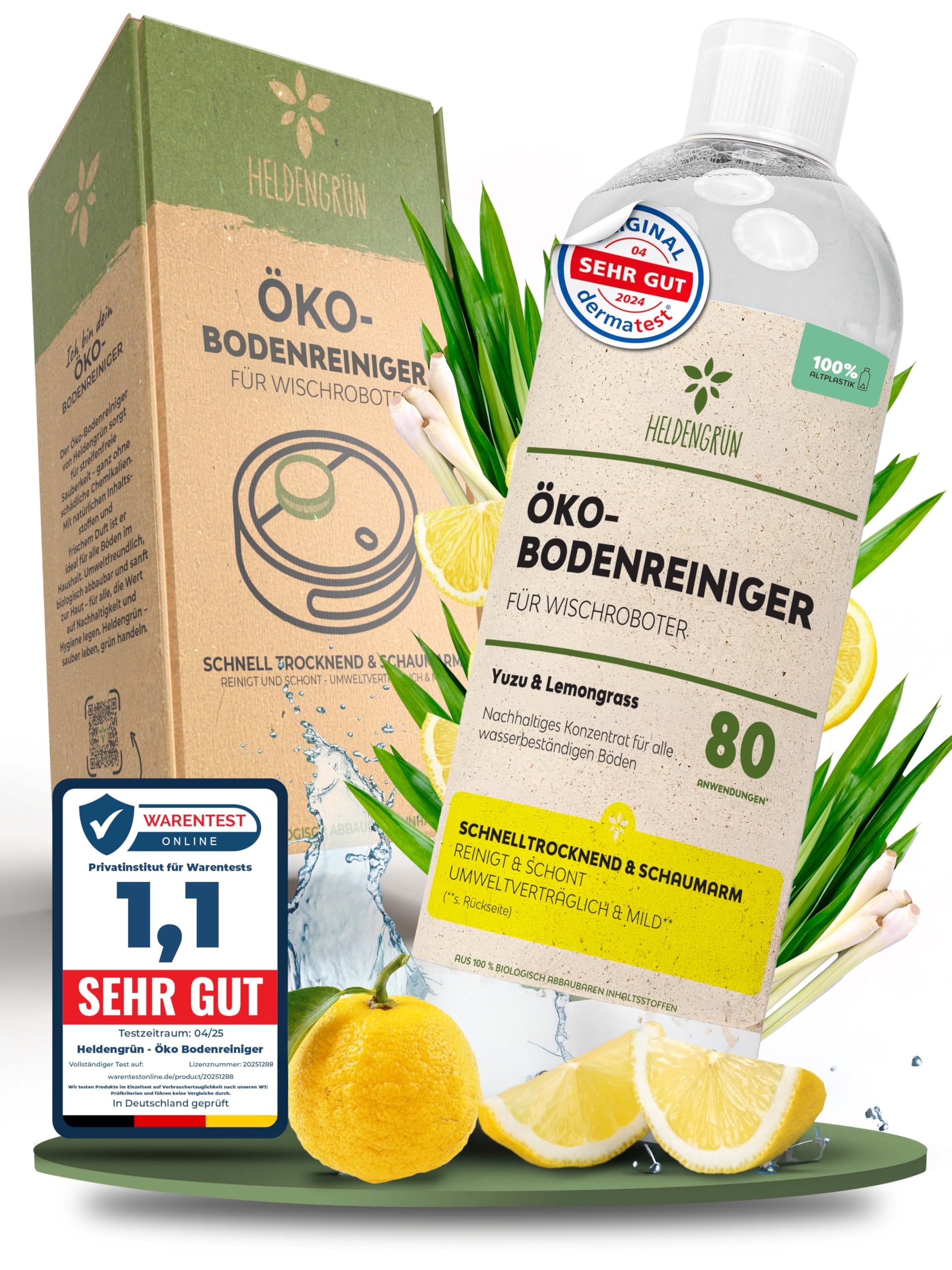 Heldengrün® Öko Bodenreiniger für Wischroboter [YUZU & LEMONGRASS] Dermatologisch getestet - Wischroboter Reinigungsmittel - Streifenfrei, schnelltrocknend & schaumarm - Reiniger Wischroboter