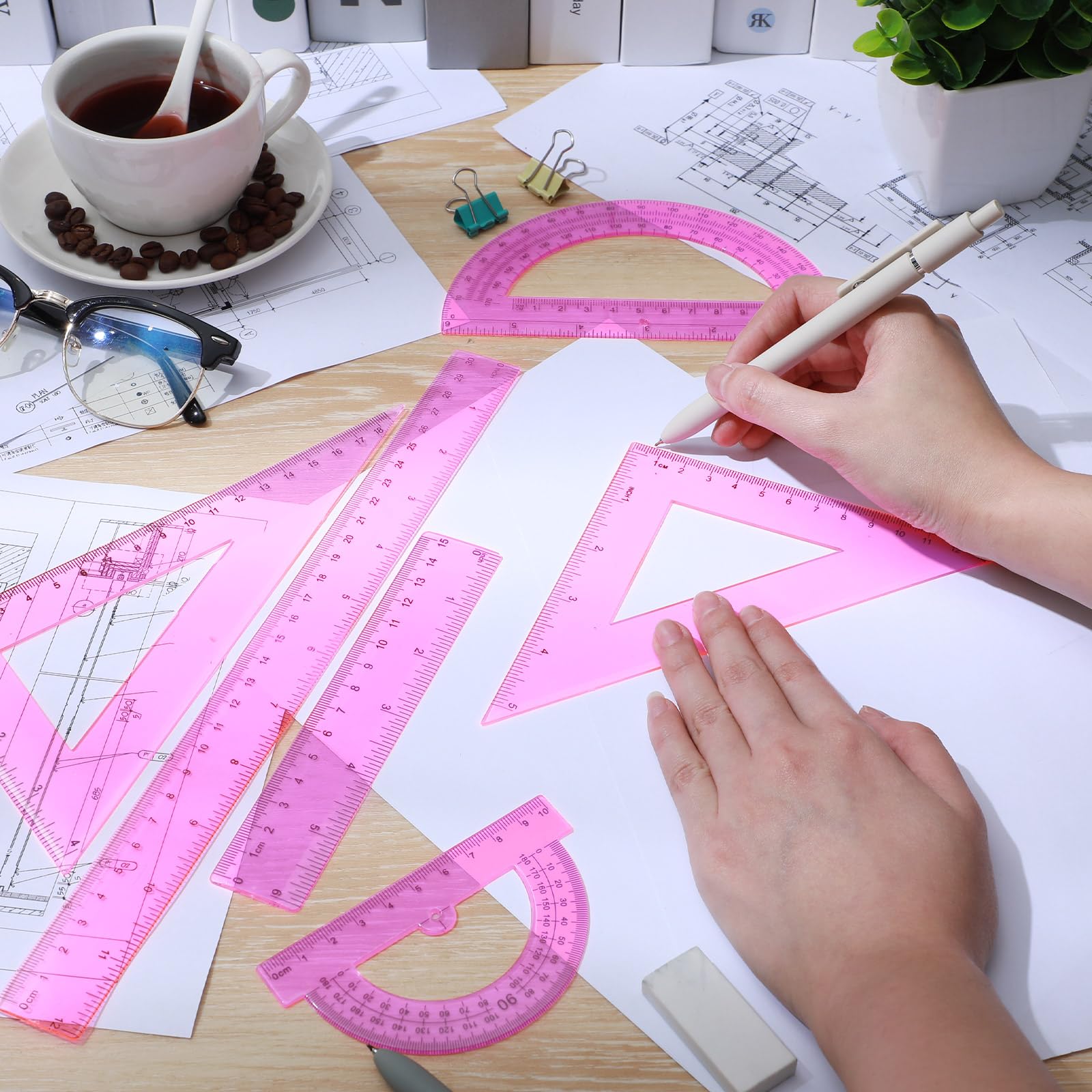 Tenare 6-teiliges Kunststoff-Lineal, Mathematik-Set, enthält 30,5 cm, 15,2 cm, gerades Lineal, Winkelmesser, Dreieckslineal, Geometrie, transparentes Mathematik-Lineal, Messwerkzeuge für Schule, Büro,