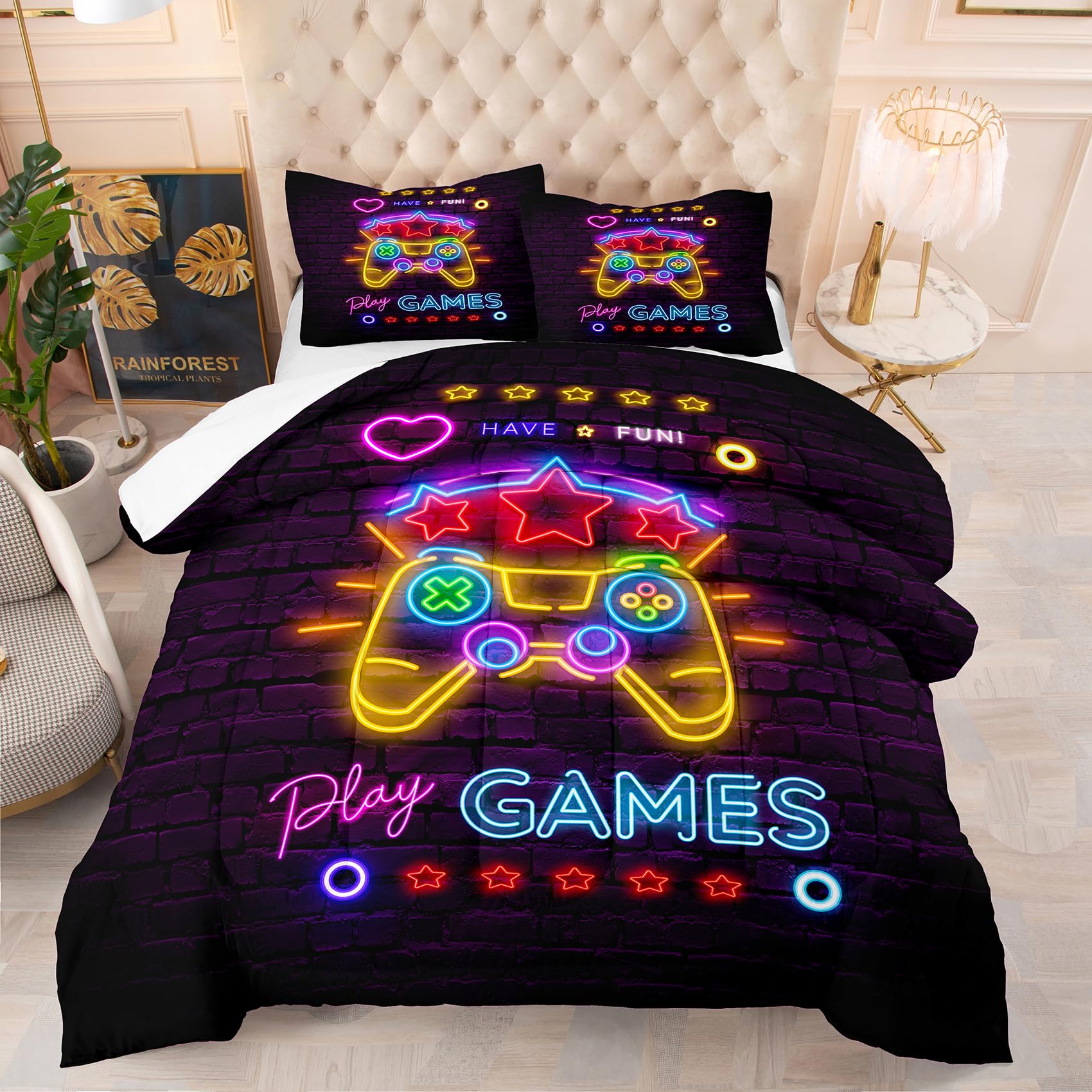 NINENINE Gaming Bedding Twin Size for Kids Teens, Video Game Comforter Set with 1 Comforter 1 Pillowcase