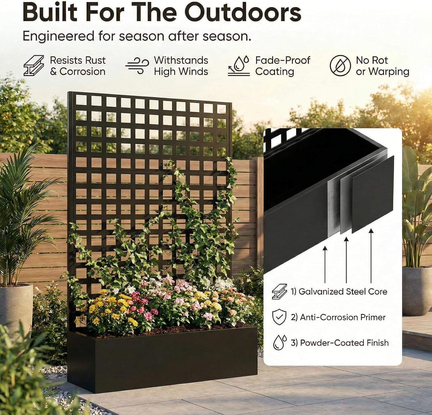 Raised Garden Bed, Metal Planter Box with Drainage Holes for Climbing Plants, Privacy Screen Freestanding Trellis Planter,Patio, Backyard,Balcony, Garden, Black