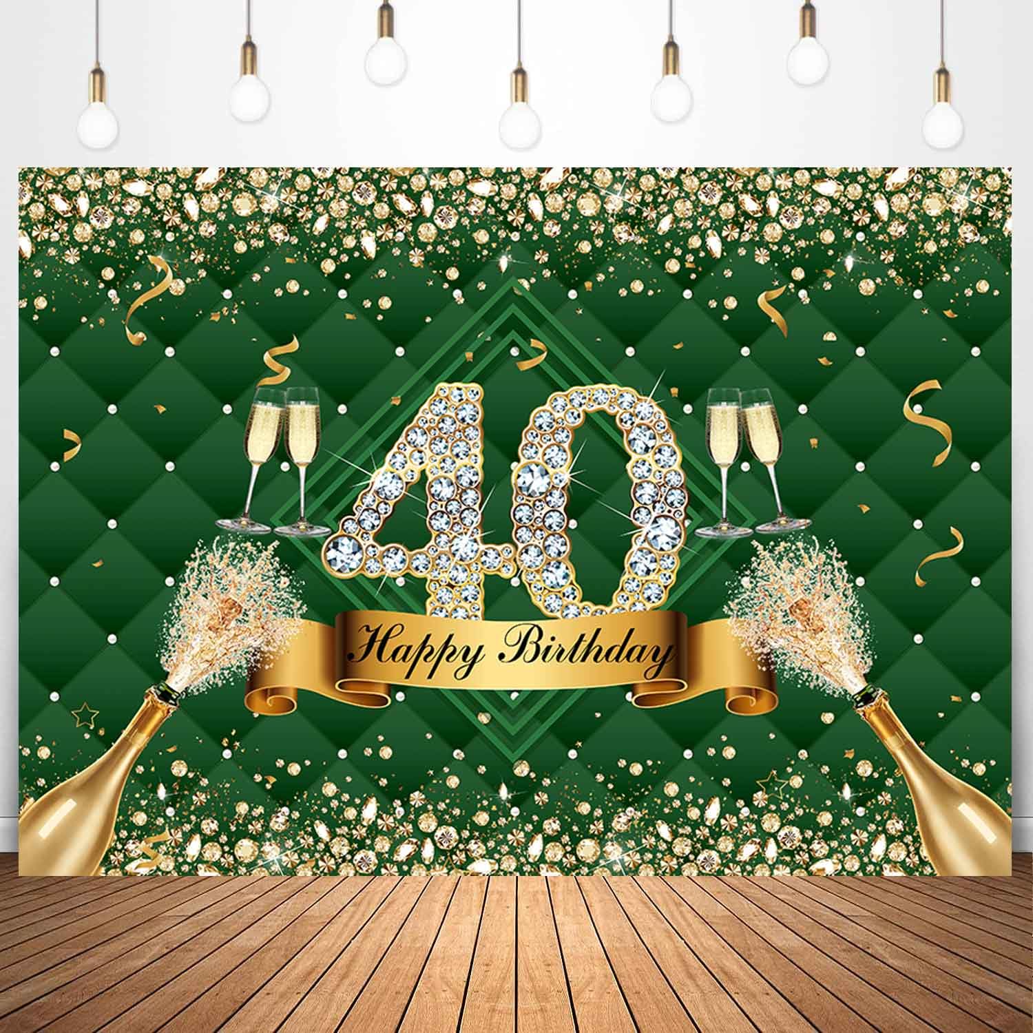 Sensfun 10x7ft Happy 40th Birthday Backdrop Green Gold Glitter Diamond Photography Background Women Fabulous 40th Birthday Decorations Party Supplies