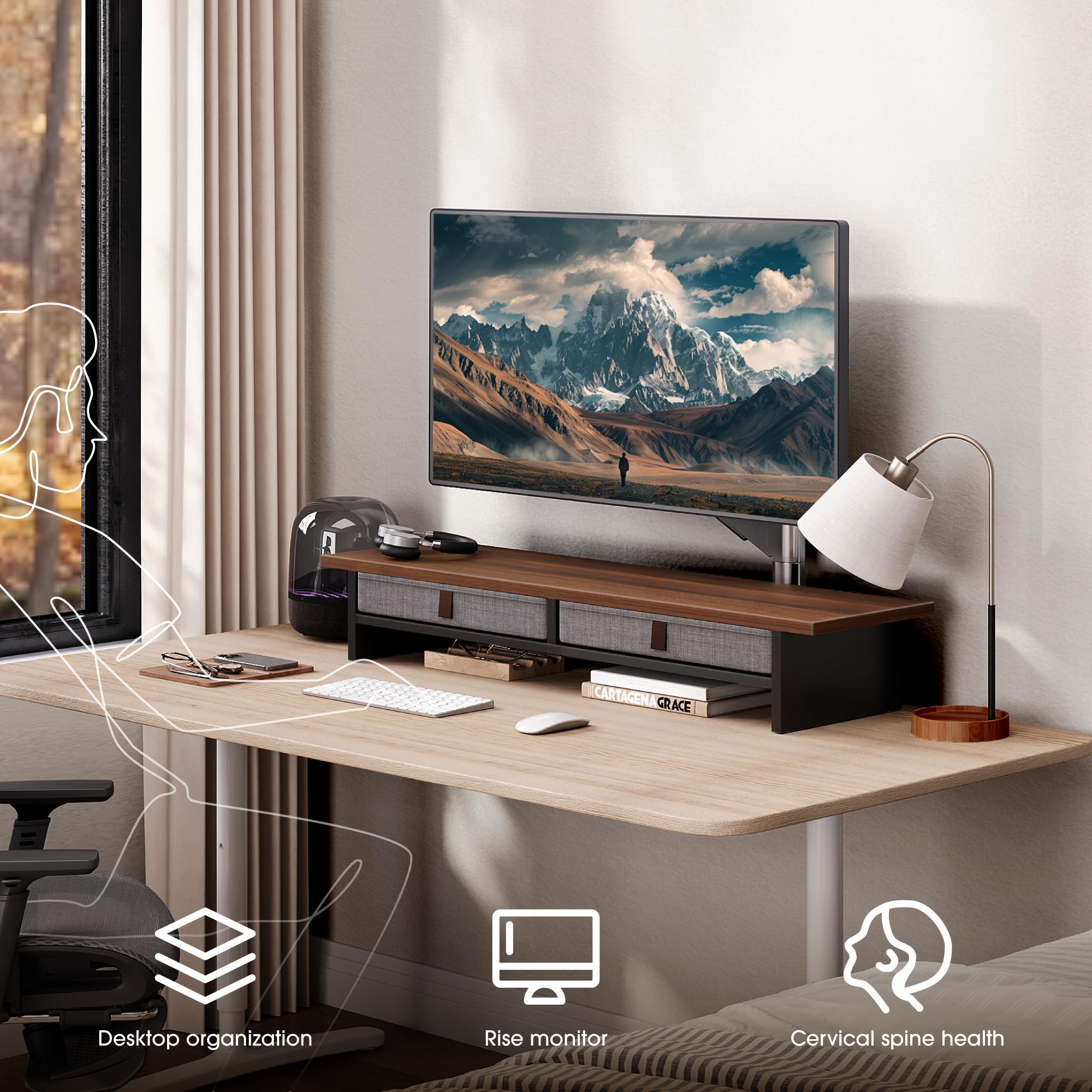 Fenge Support Ecran PC 90cm, 2 Tiroirs Lin, Ordinateur Moniteur TV, Marron | 2 Appareils, Charge 30kg, Pied Supplémentaire, 2 Niveaux, Pastilles Antidérapantes, Organiseur,Écran Imprimante Bureau Maison