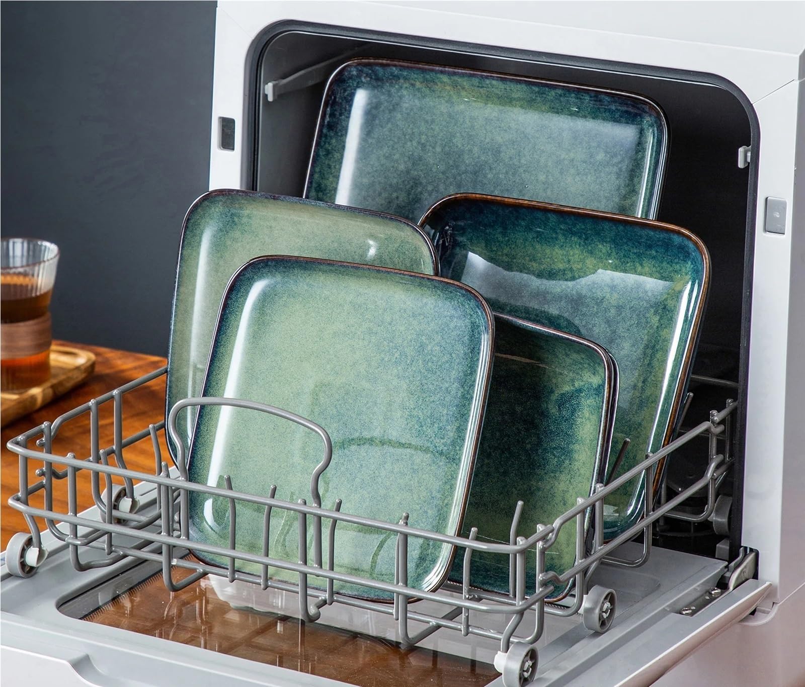 SAeWare Servizio da tavola in ceramica, set da tavola quadrato verde per cambiare forno smaltato, 16 pezzi, stoviglie da cucina in ceramica per 4 persone, blu, 16 pezzi