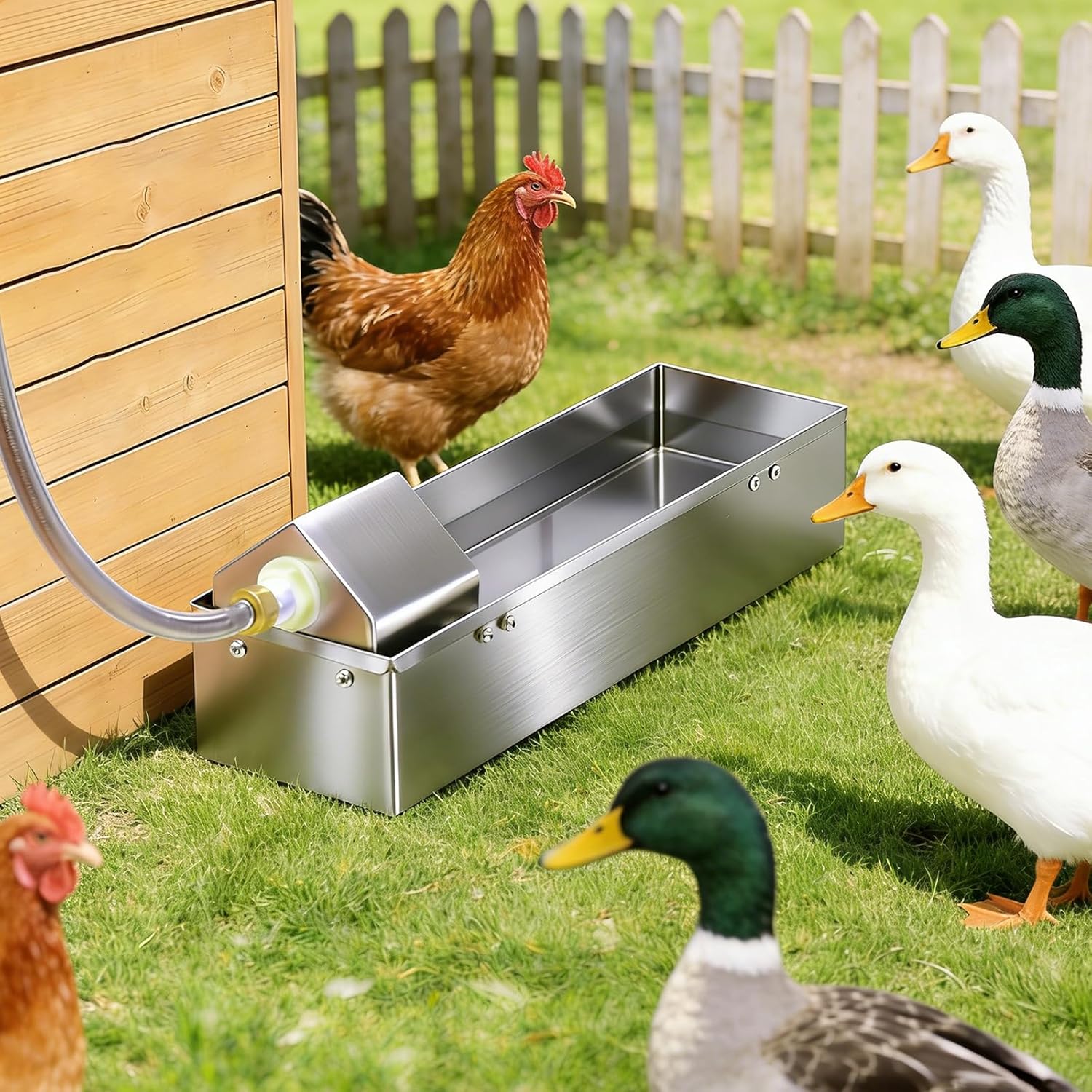 Automatic Chicken Waterer Dispenser 1 Gallon Large Stainless Metal Poultry Waterer Feeder Hanging Chicken Watering System with Float Valve Hose Kit for Pigeon Duck Goose Turkeys for Chicken Coop