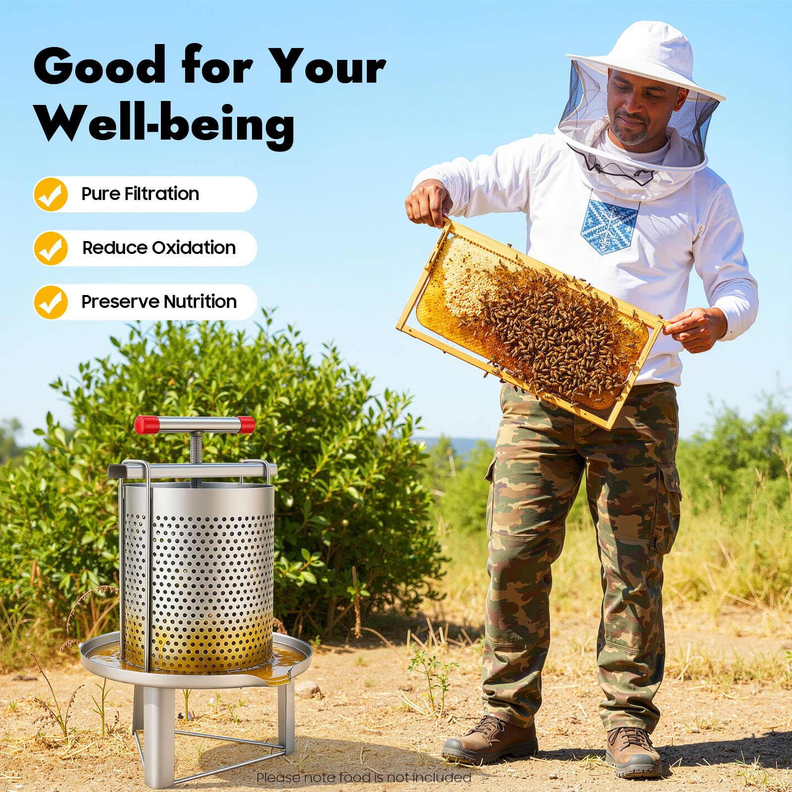 Prensa de frutas de acero inoxidable de 10 L, prensa de miel, acero inoxidable, manual del hogar, prensa de miel, prensa de cera, herramienta de apicultura con filtro