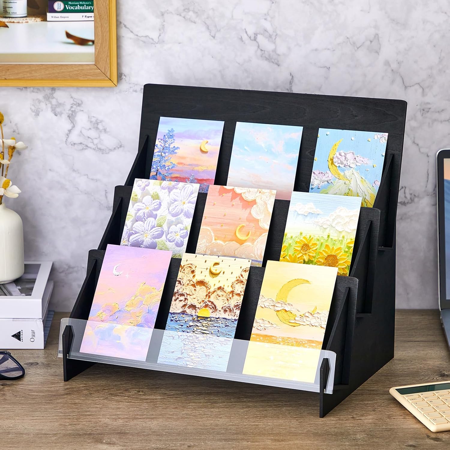 Barydat Greeting Card Display Stand Wooden Greeting Card Holder Portable Sticker Display Stand Multipurpose Rack for Vendors Counter Tabletop(13.4 x 9.6 x 13.2 Inches,Black)