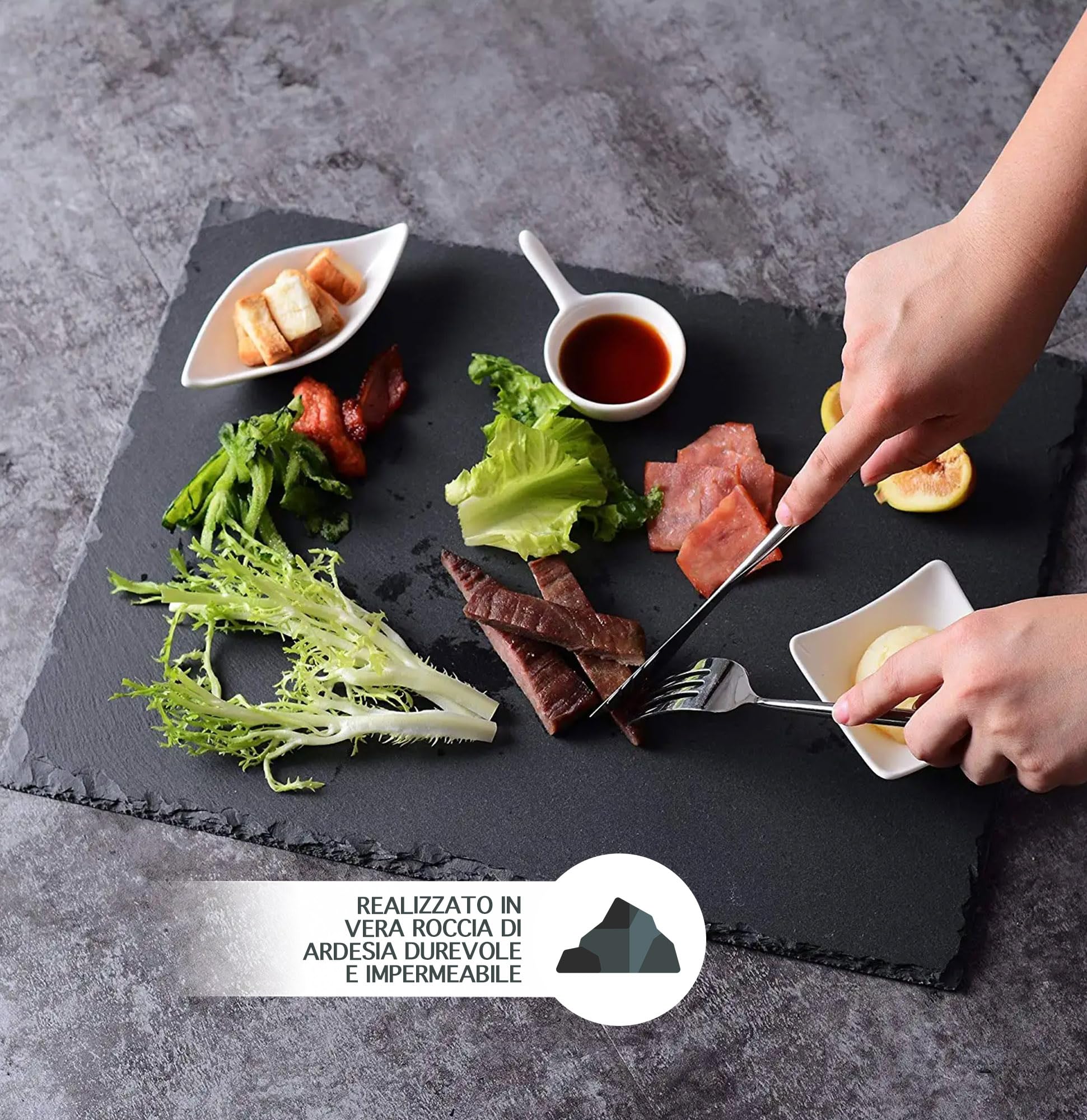 Set Da 6 Pezzi Piatti Ardesia 40x30Cm Grandi XXL Cm Pietra Naturale Sottopiatti Piatto Vassoio Portata Decorazioni Tavola Piatti Grandi Certificati Contatto Alimentare Sushi Formaggi Salumi