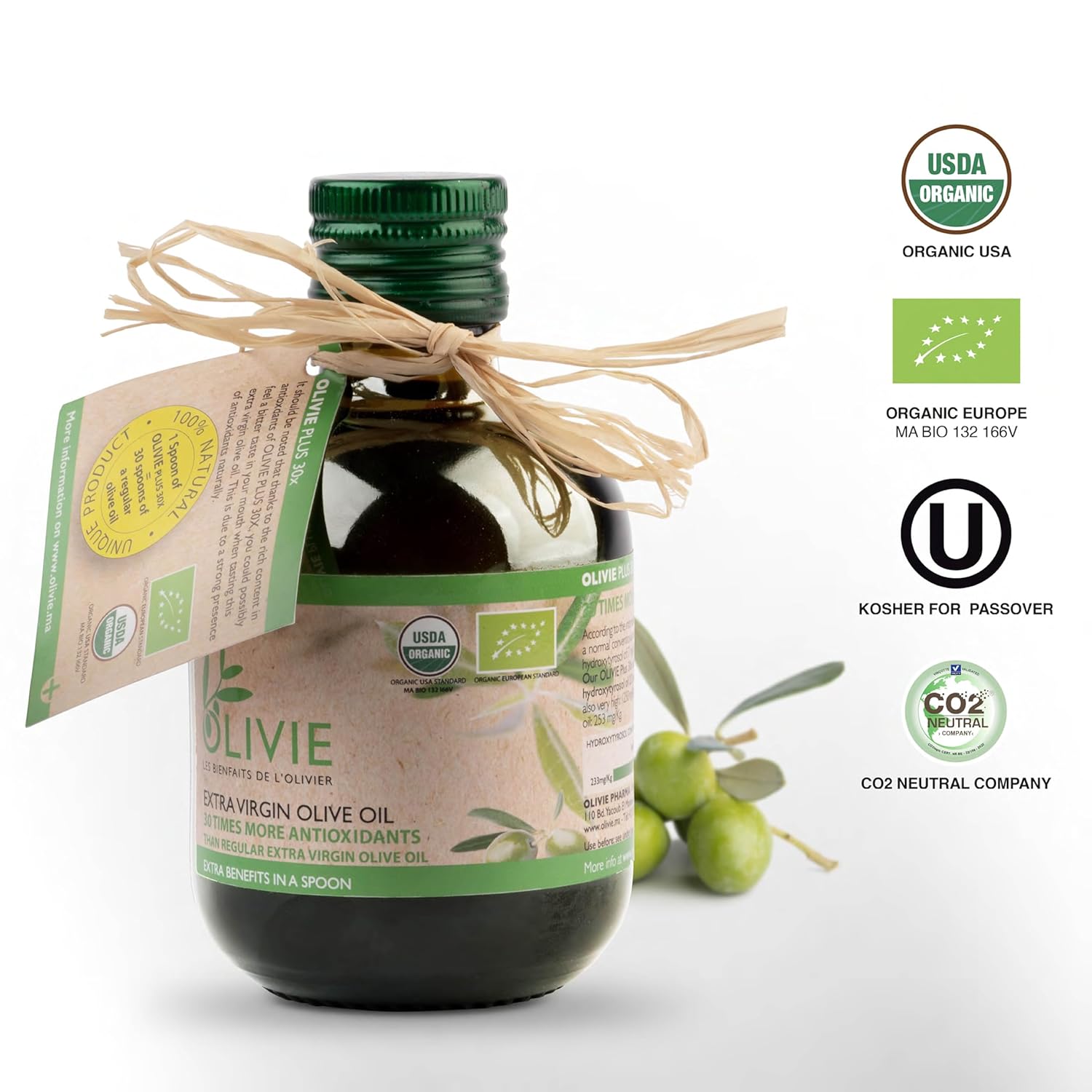 Organic High Polyphenol Rich Extra Virgin Olive Oil OLIVIE PLUS 30X | Moroccan Desert Olive Oil | EVOO | Organic, Kosher | 250 ml Glass Bottle