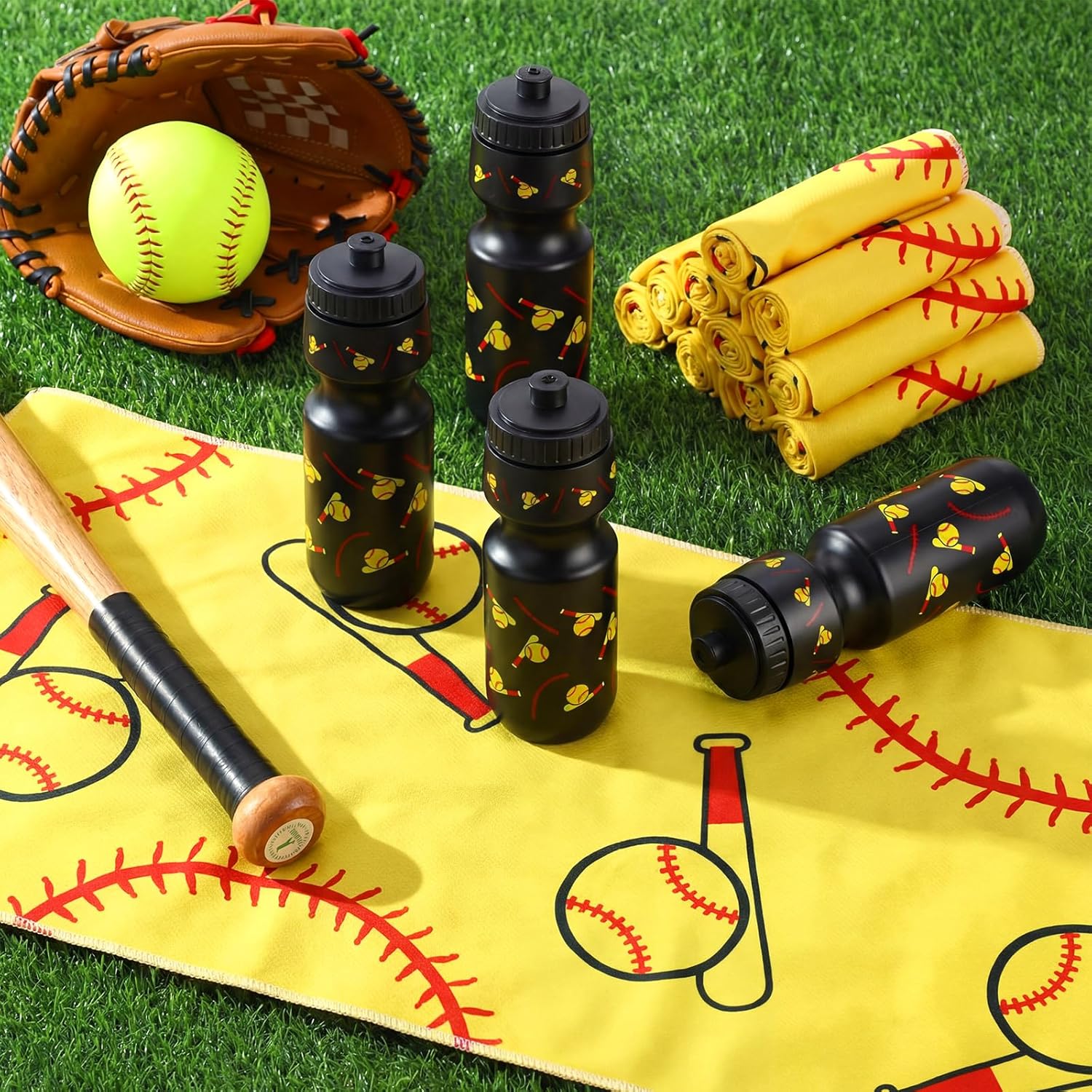 24 Pcs Sports Water Bottle Bulk Cooling Towel Set Include 12 Softball Water Bottle 12 40"x12" Cooling Towels Sports Themed Accessories for Soccer Team Gift Events Party Players Lovers Coach Training