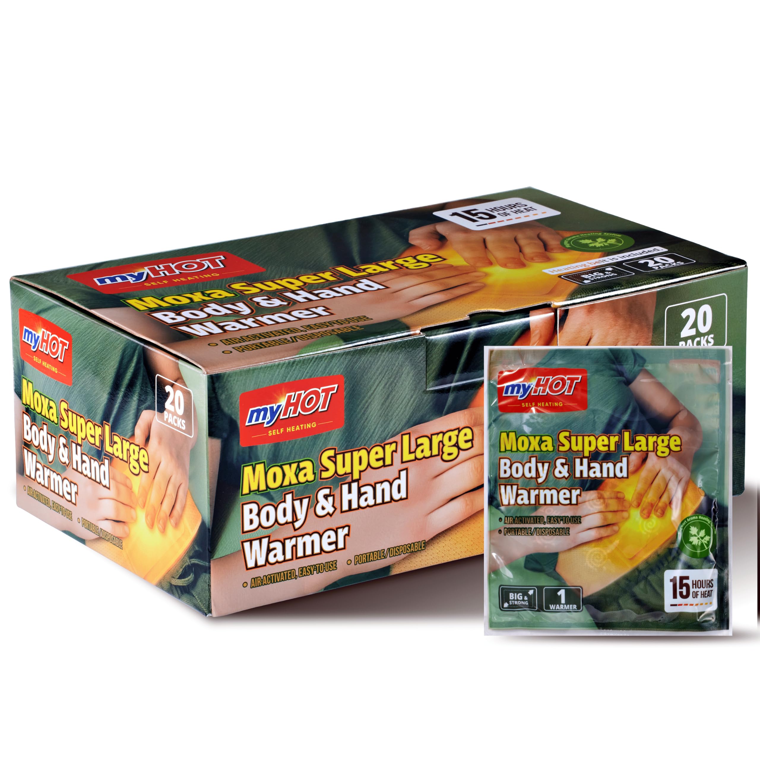 Moxa Body & Hand Warmer Super Large Size 20 Pack - Up to 16 Hours, Long Lasting, Non-Adhesive, Mugwort Pocket Heater for Relaxation, Included Waist and Stomach Compression Belt -TSA Compliant