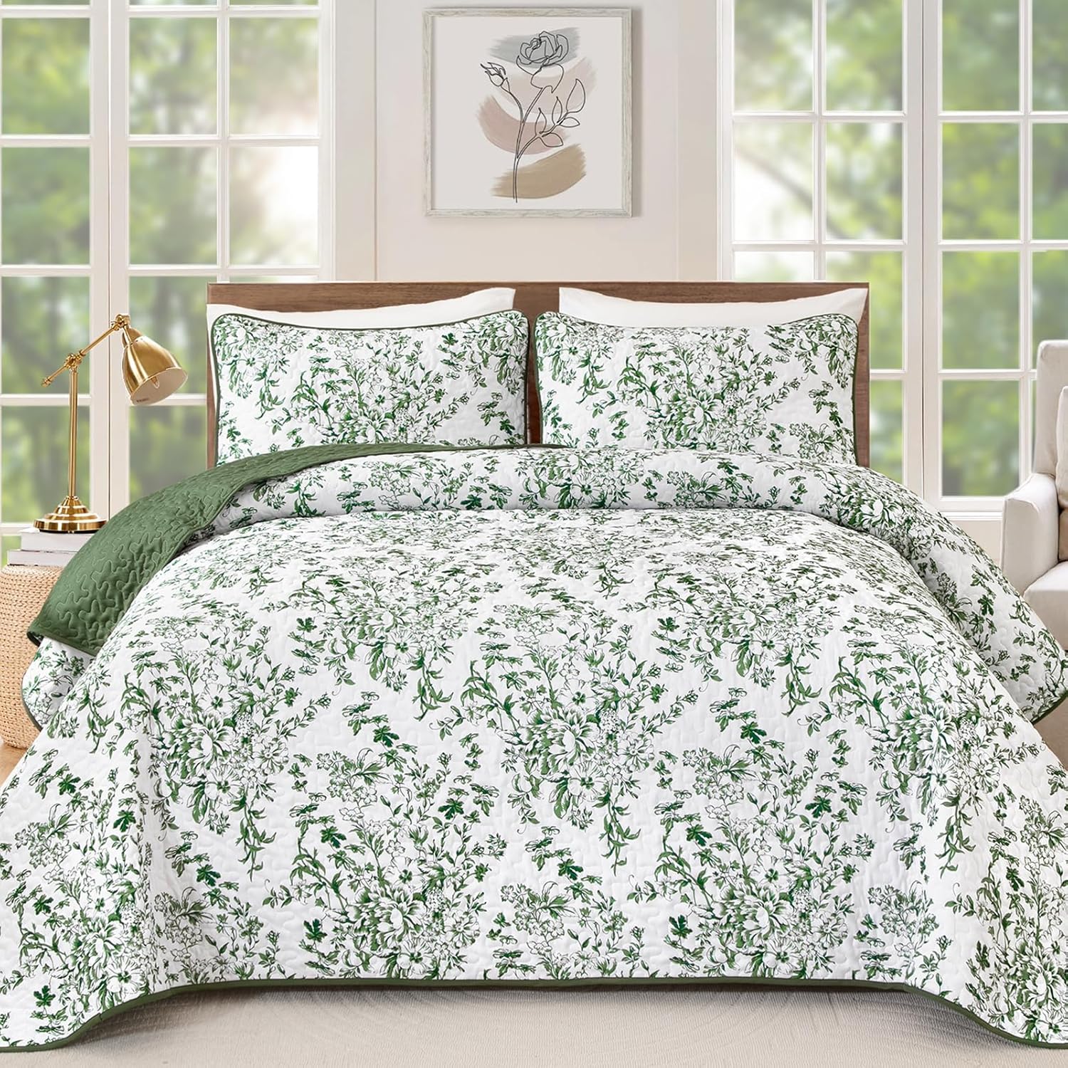 WONGS BEDDING Quilt Queen Size, Green Quilt Bedding Set with 2 Pillowcases, Botanical Quilts for Queen Bed, Soft Microfiber Lightweight Coverlet Bedspread for All Season (96"×90", 3 Pieces)