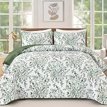 WONGS BEDDING Quilt King Size, Green Quilt Bedding Set with 2 Pillowcases, Botanical Quilt for King Bed, Soft Microfiber Lightweight Coverlet Bedspread for All Season 110"90", 3 Pieces