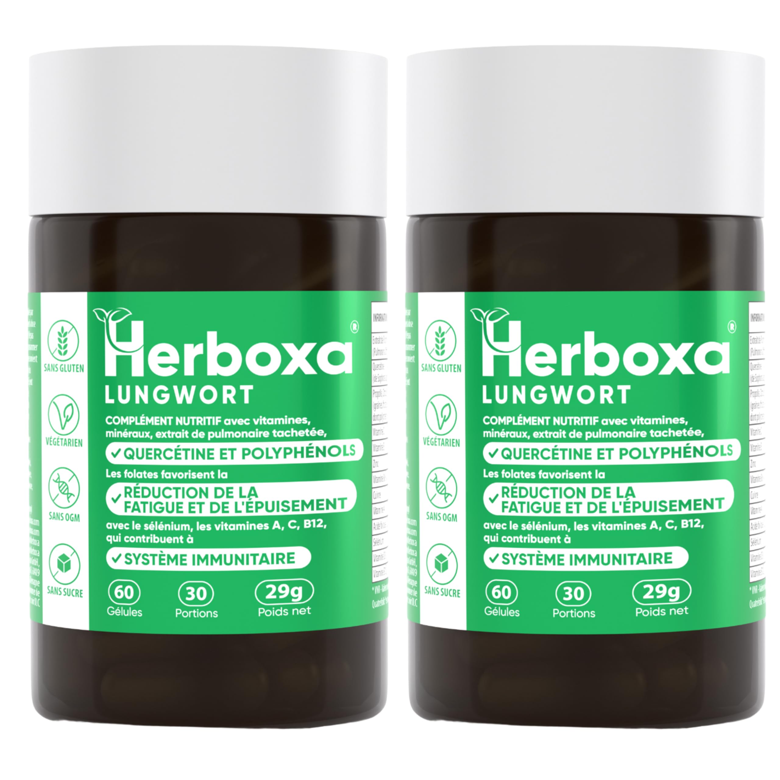 Herboxa Lungenkraut Mehrere Packungen (2 Stück) - mit geflecktes Lungenkraut - Enthält Folsäure, die Müdigkeit und Erschöpfung reduziert, Vitamin C, Quercetin, ProG-Phen - 60 Kapseln