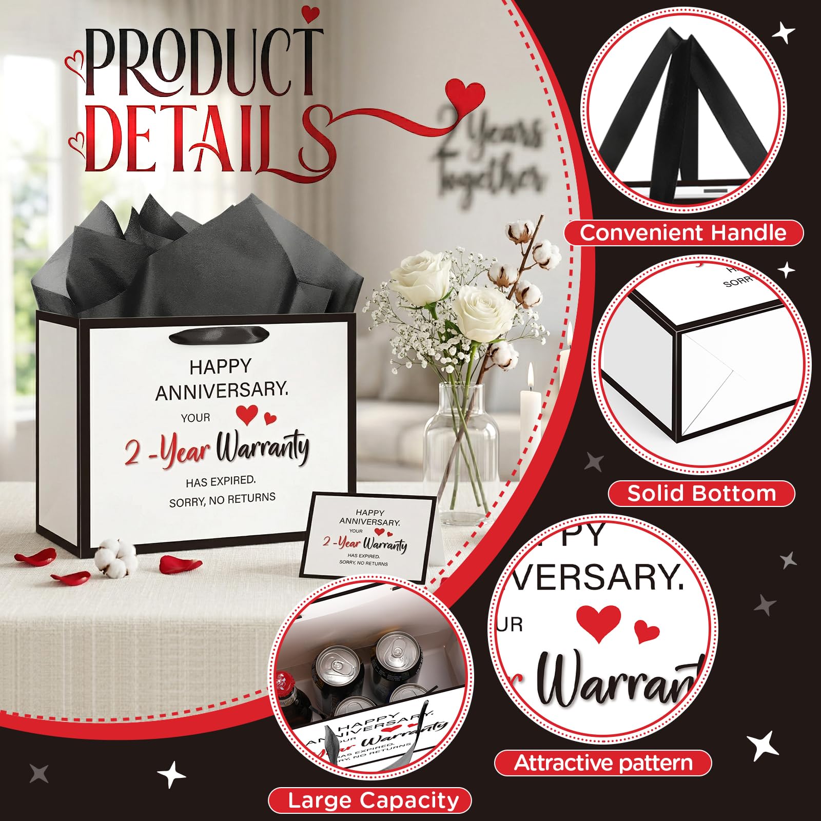 Anniversary 2 Year Gift Bag for Men Women Funny 2nd Anniversary Wedding Marriage Gift Bags with Wrapping Paper Card Second Anniversary Party Favors Decor Supplies Husband Wife Boyfriend Girlfriend