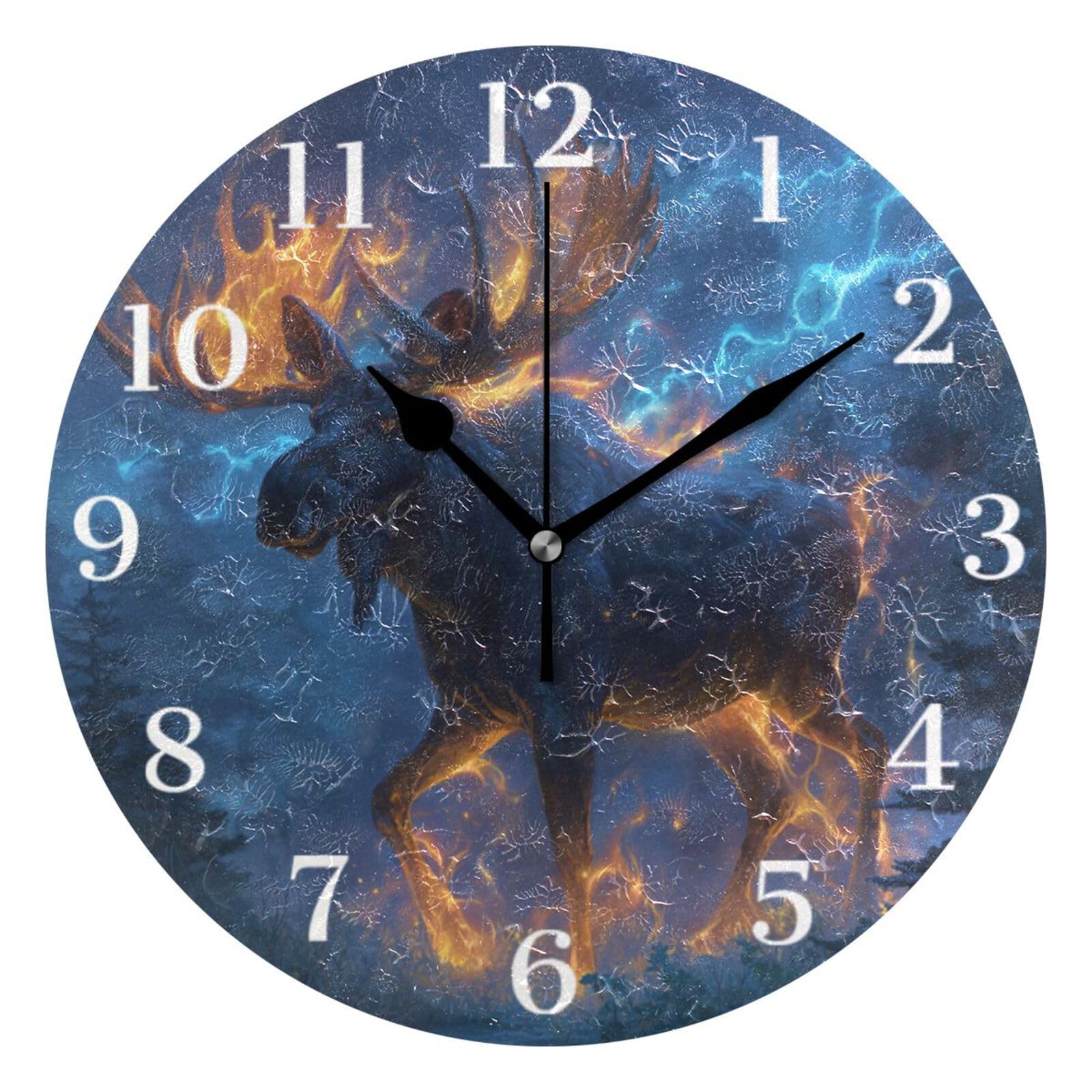 Ensound Moose with Fire Antlers Wall Clock Silent Non-Ticking Battery Operated Clocks 12 Inch for Kitchen Home Living Room