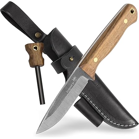 Coltello Di Caccia Dal Mosaico Di Damasco Su Un Fondo Di Legno Guaina Cuoio Fatta Mano Image100252509