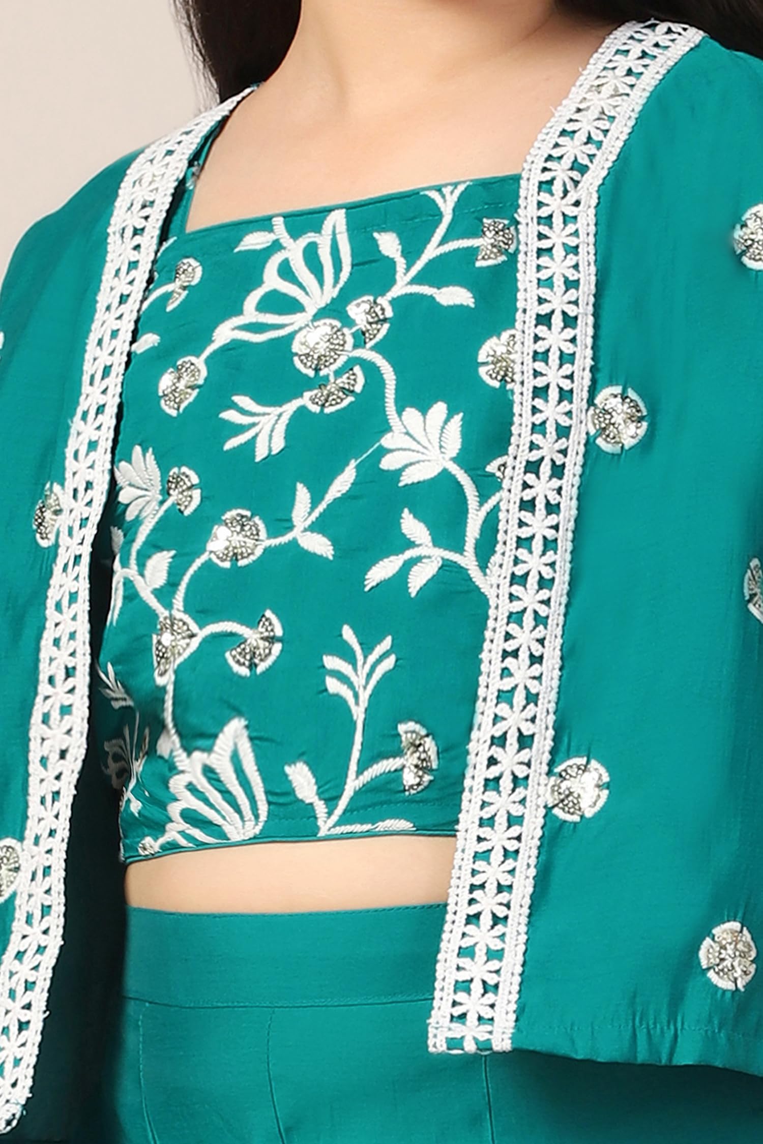 Jwalin Girls Silk Blend Embroidered Salwar Suit Set|Ethnic Set for Girls (JWGSET00235 TEL 36_Teal_11-12 Years) - Image 4 thumbnail