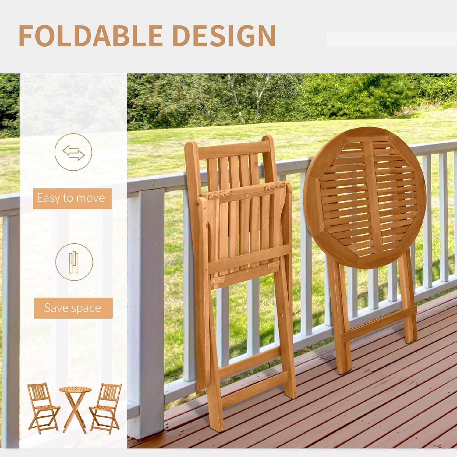 Outsunny 3-Piece Acacia Wood Bistro Set, Folding Patio Furniture with 2 Folding Chairs and Round Coffee Table, Teak, Slatted Finish, for Backyard, Balcony, Deck, Natural