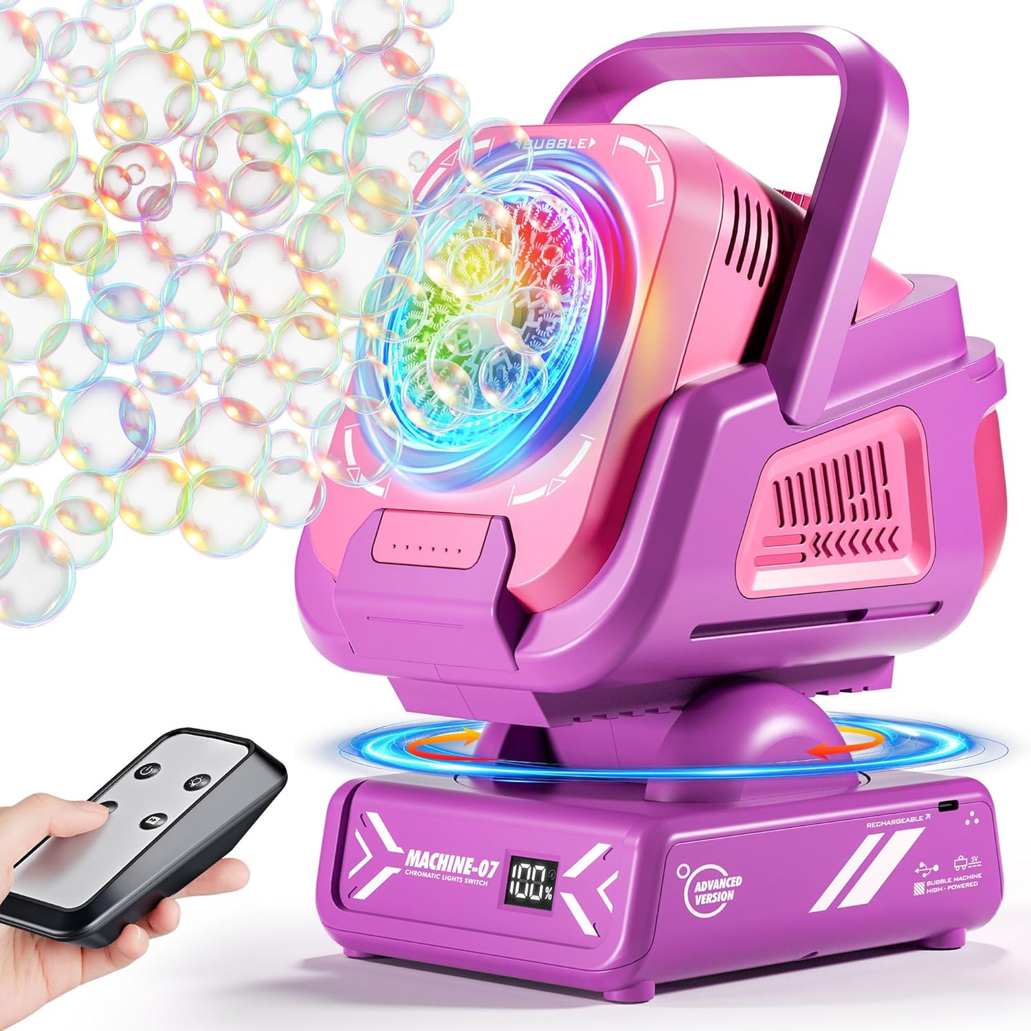 2025 Upgraded Bubble Machine with Remote Control, Automatic Rotation & RGB Lights, 1800mAh Rechargeable Battery, Type-C Charge, Bubble Maker for Kids, Weddings, Birthday Parties, Outdoor Activities Pink