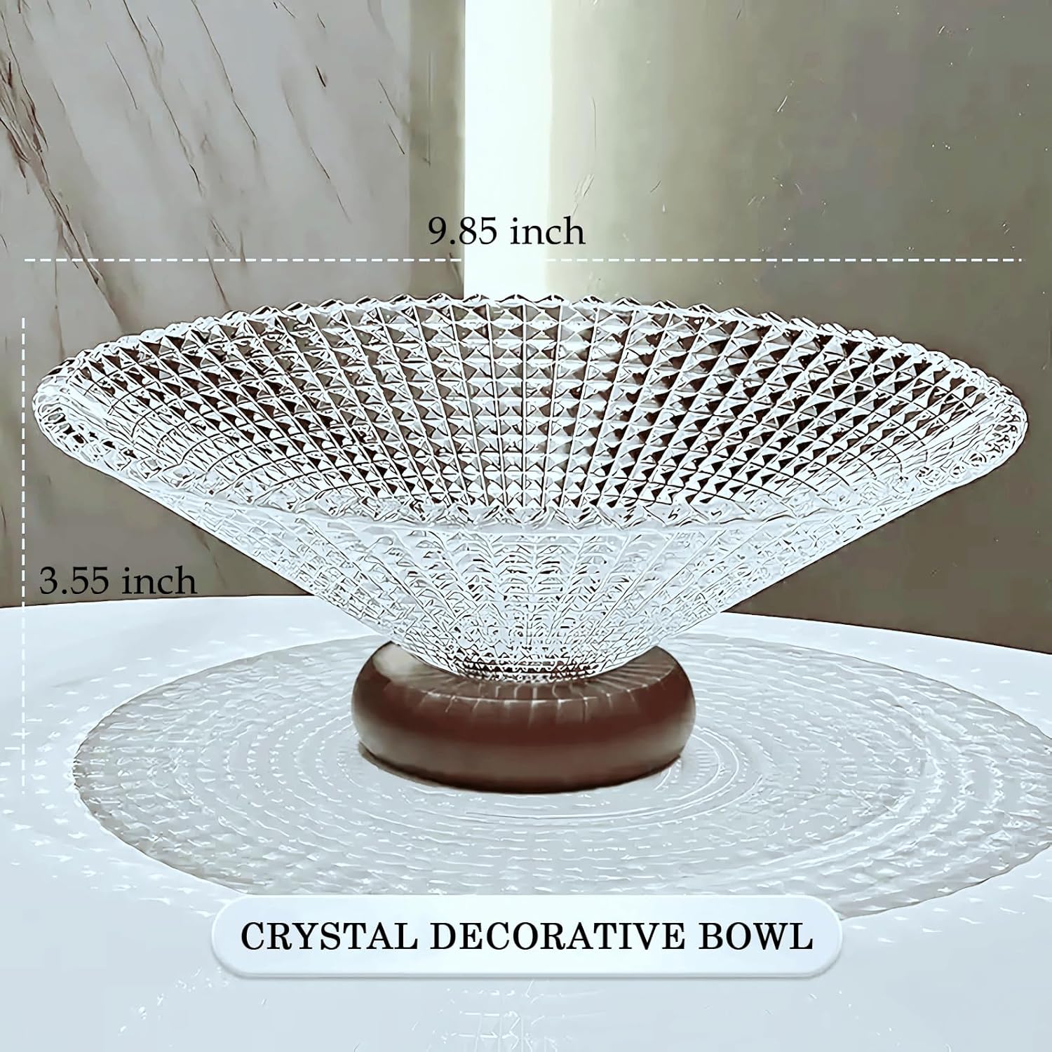 Glass Fruit Bowl, 9.8" Large Decorative Shallow Bowl for Kitchen Counter Table Decor, Clear Crystal Display Bowl with Wood Pedestal, Footed Bowl for Fruit Snacks Candy