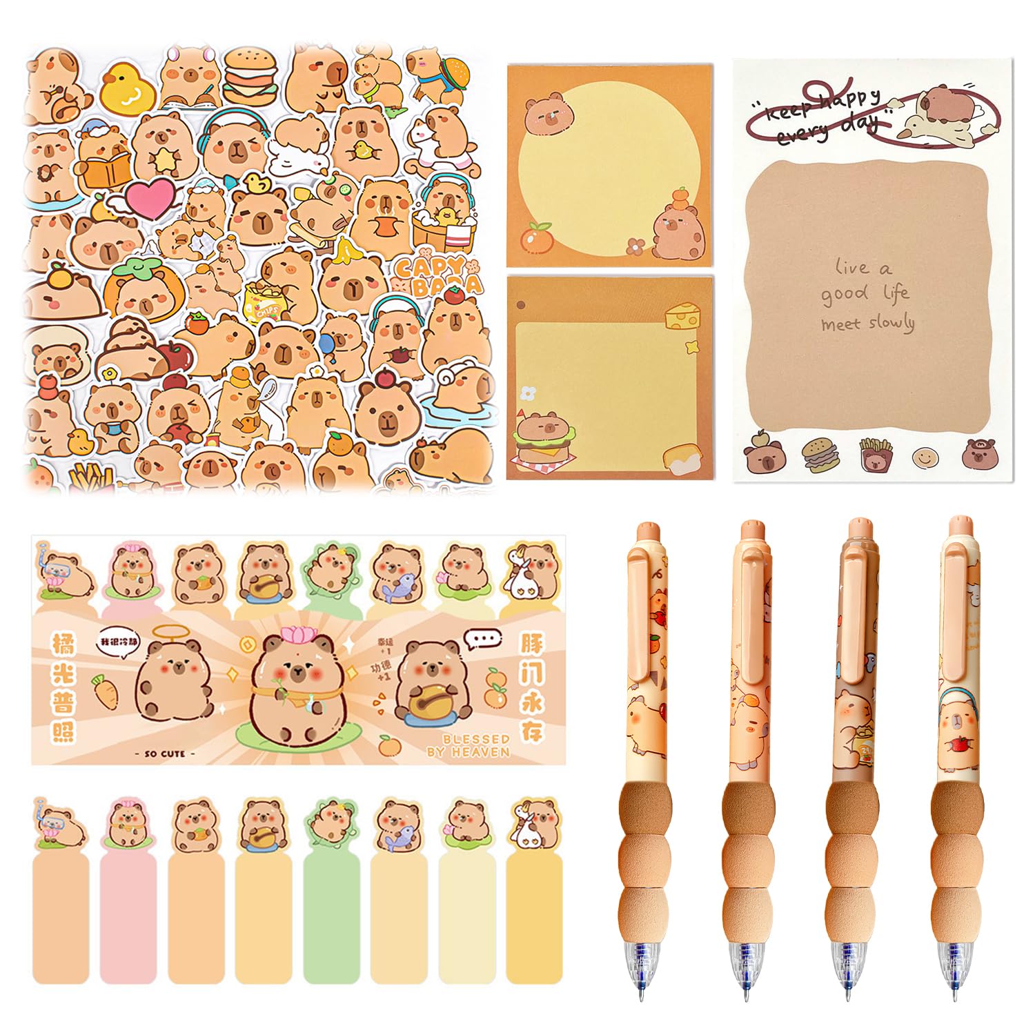 arrderly Cute Cartoon Stationery Set, Party Favor Supplies Includes Ball Point Gel Ink Pens Cartoon Stickers Bundle Sticky Notes Set Index Tabs Bookmarks Page Flags Back to School Gift for Kids