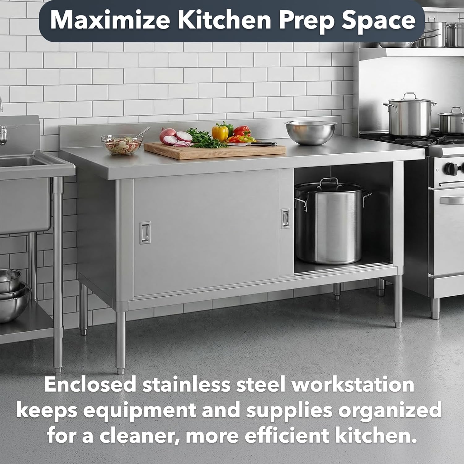 Stainless Steel Work Table with Storage 60" x 30" – Commercial Enclosed Base Prep Table with Sliding Doors, 16 Gauge Type 430 Stainless Steel Top, 4" Backsplash, NSF Kitchen Work Table