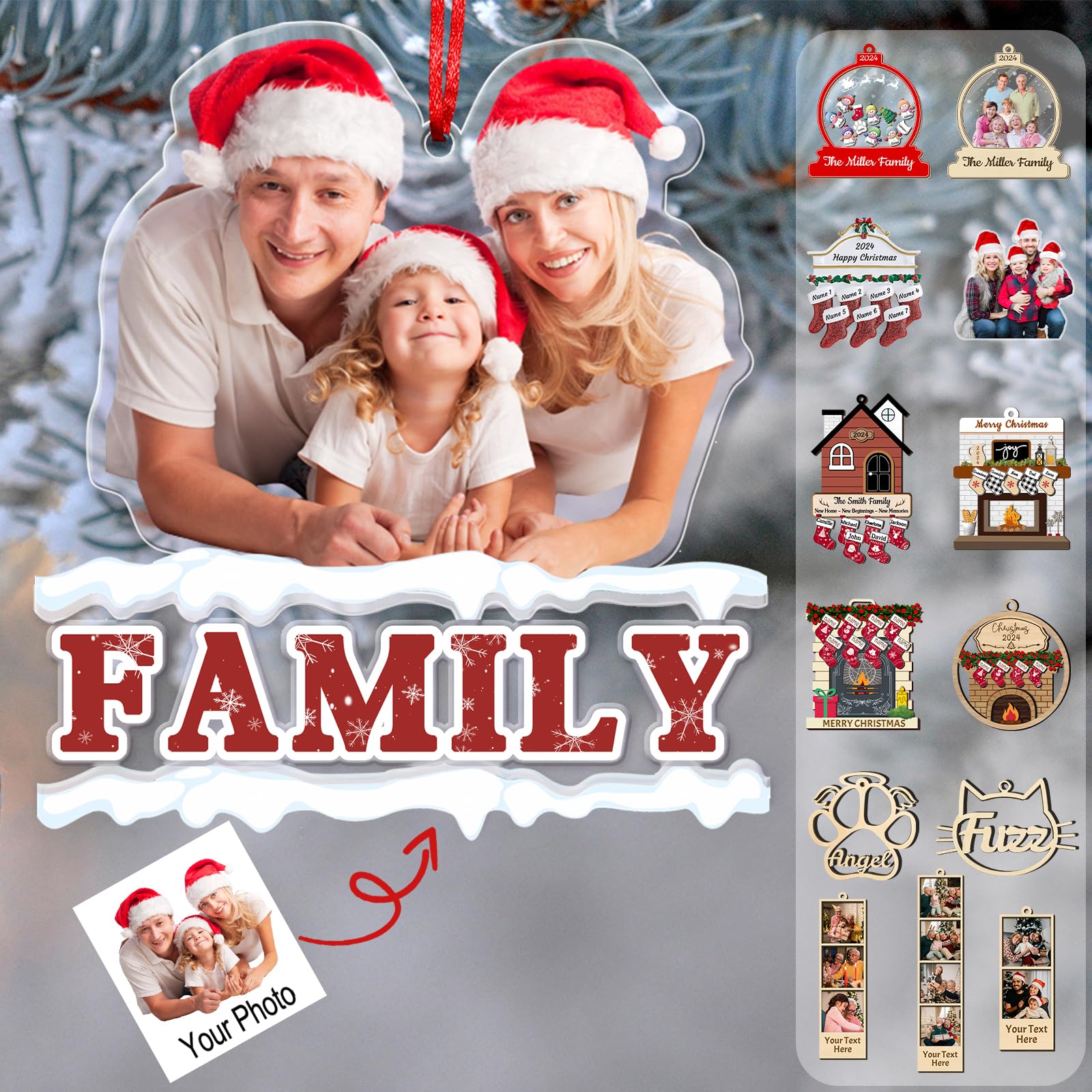 Adornos navideños con Foto Personalizados 2024 Adorno de Foto Familiar de acrílico Personalizado Decoración Colgante Familiar Personalizada Regalos para árbol de Navidad