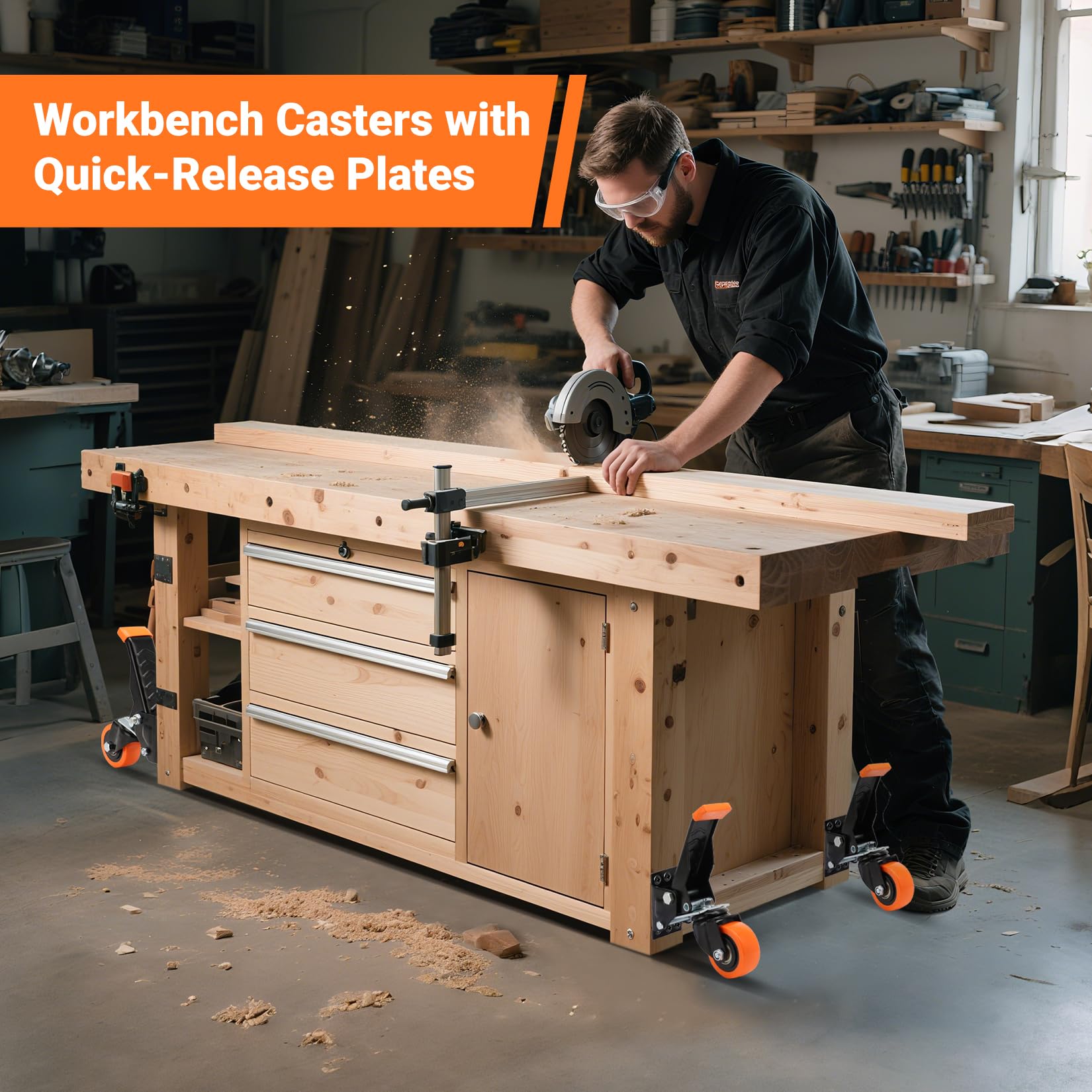 Ruedas para Mesa de Trabajo 300kg 63.5mm Pesadas con Placas de Acero Set de 4