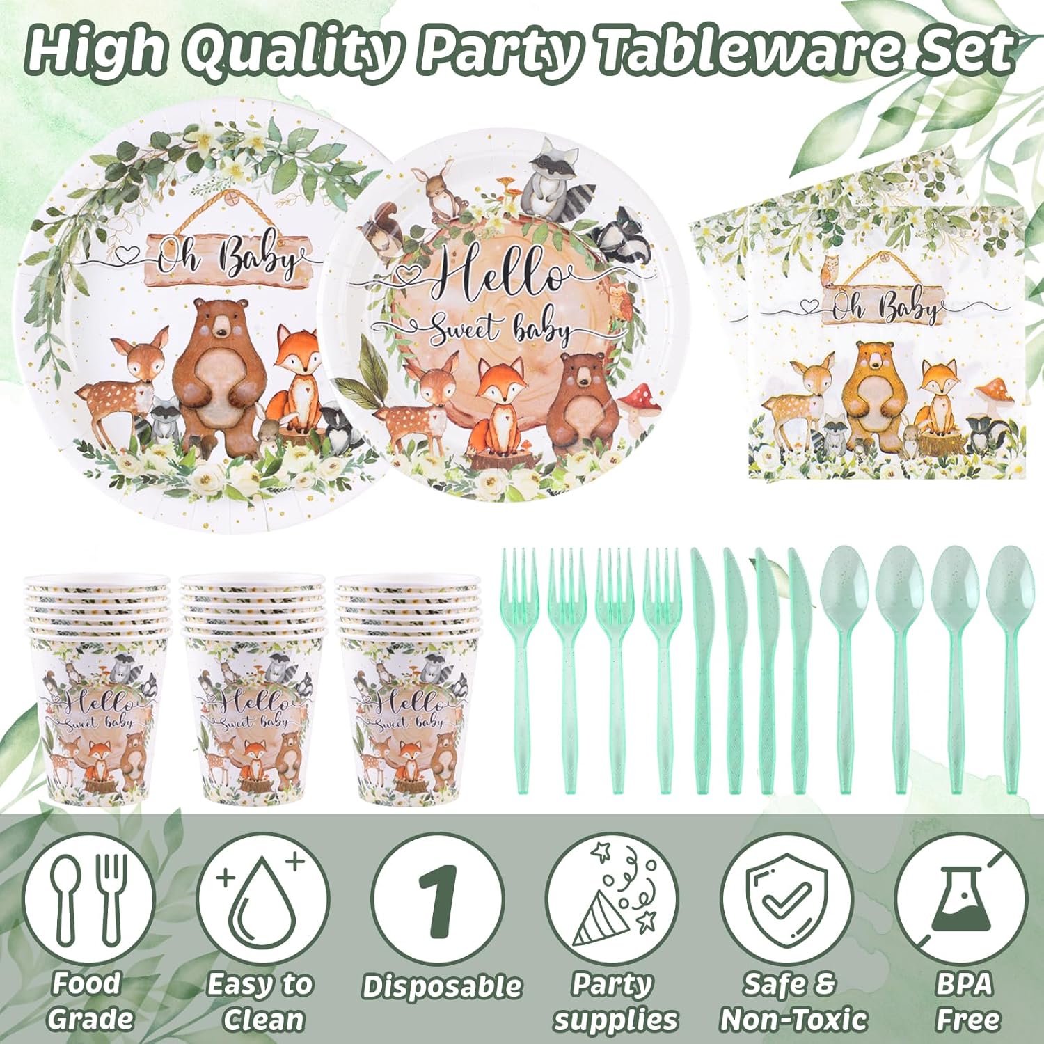 142PCS-Woodland-Baby-Shower-Party-Decorations for Boys Girls,Safari Jungle Wild Animal Tableware Set Serve 20,Party Supplies With Disposable Plates Napkin Cups Forks Knives Spoon Banner Tablecloth