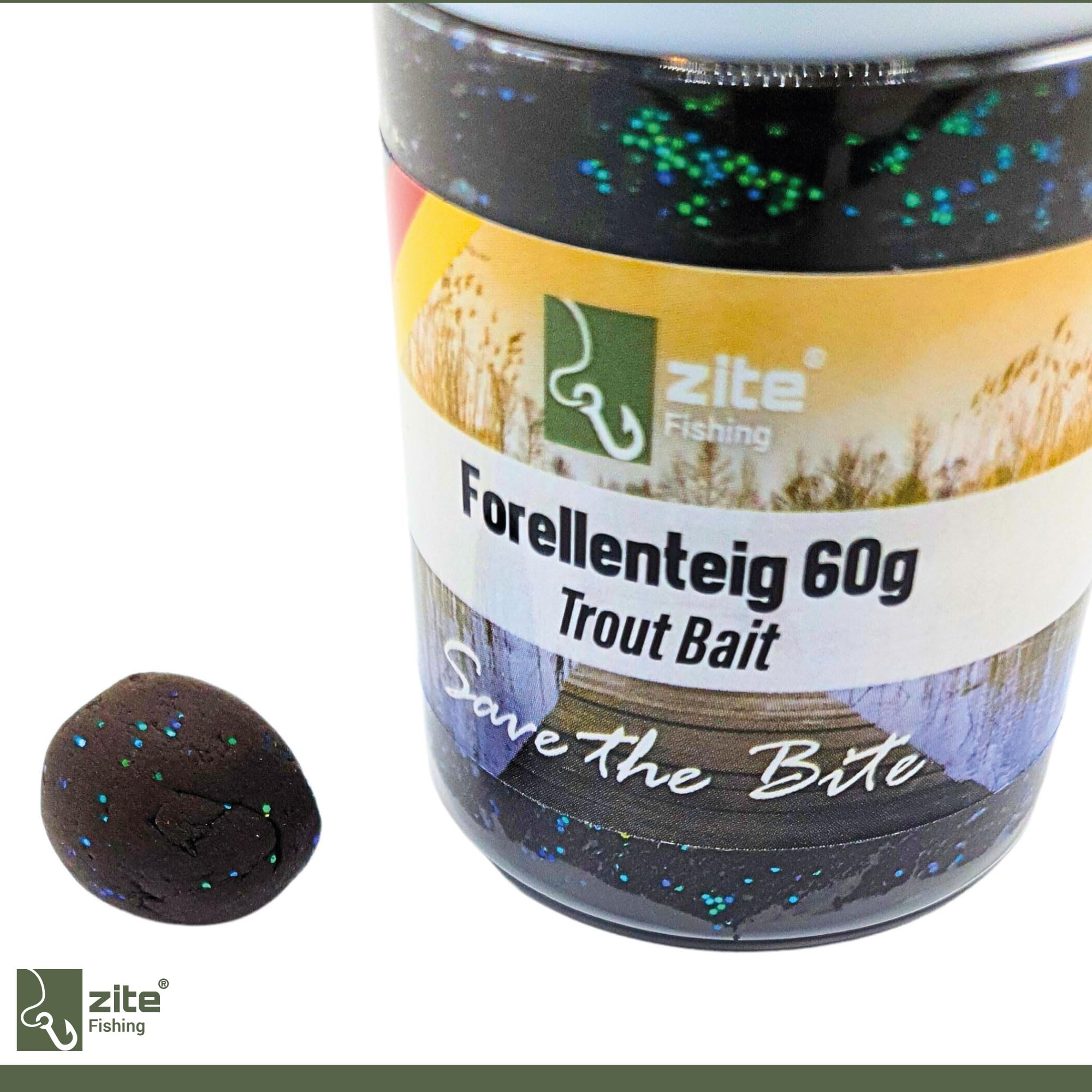 Zite Fishing Lot de 6 pâtes à truite – Pâte de pêche avec paillettes, arômes spéciaux et couleurs – 6 x 60 g Pâte à pêche avec ail, réglisse, fraise et crabe