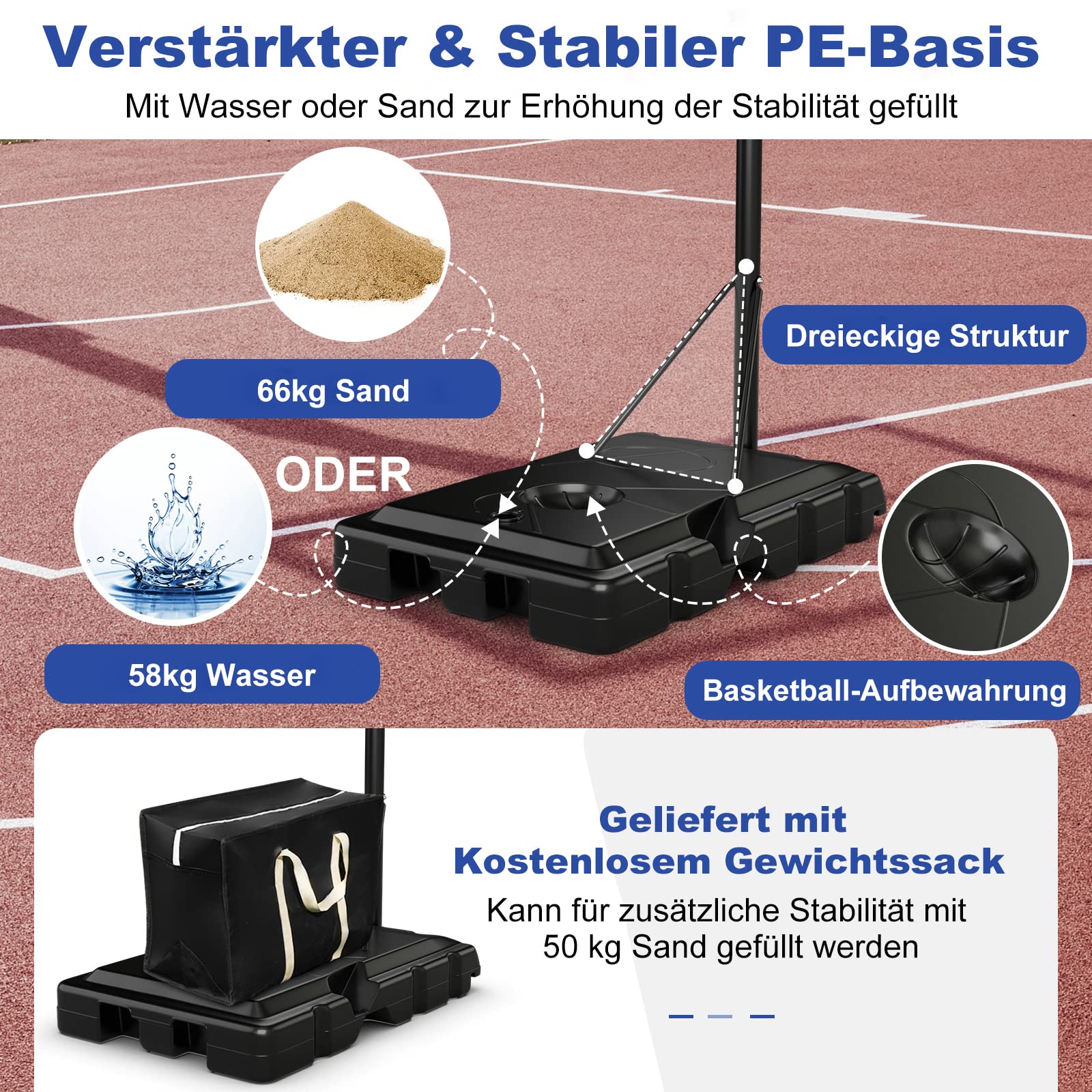 COSTWAY Basketballkorb Outdoor höhenverstellbar 135-305 cm, Basketballständer mit 2 Rädern & Gewichtssack, Mobile Korbanlage für Kinder Erwachsene