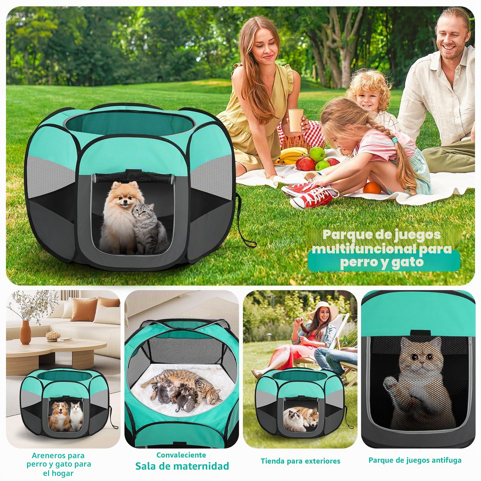 Parque para Perros, Jaula para Perro Plegable, Corralito para Perros Gatos Cachorros Animales Pequeños Interior Exterior, Tela Oxford con Bolsa Viajes (Verde, L(110x110x60cm), 6)