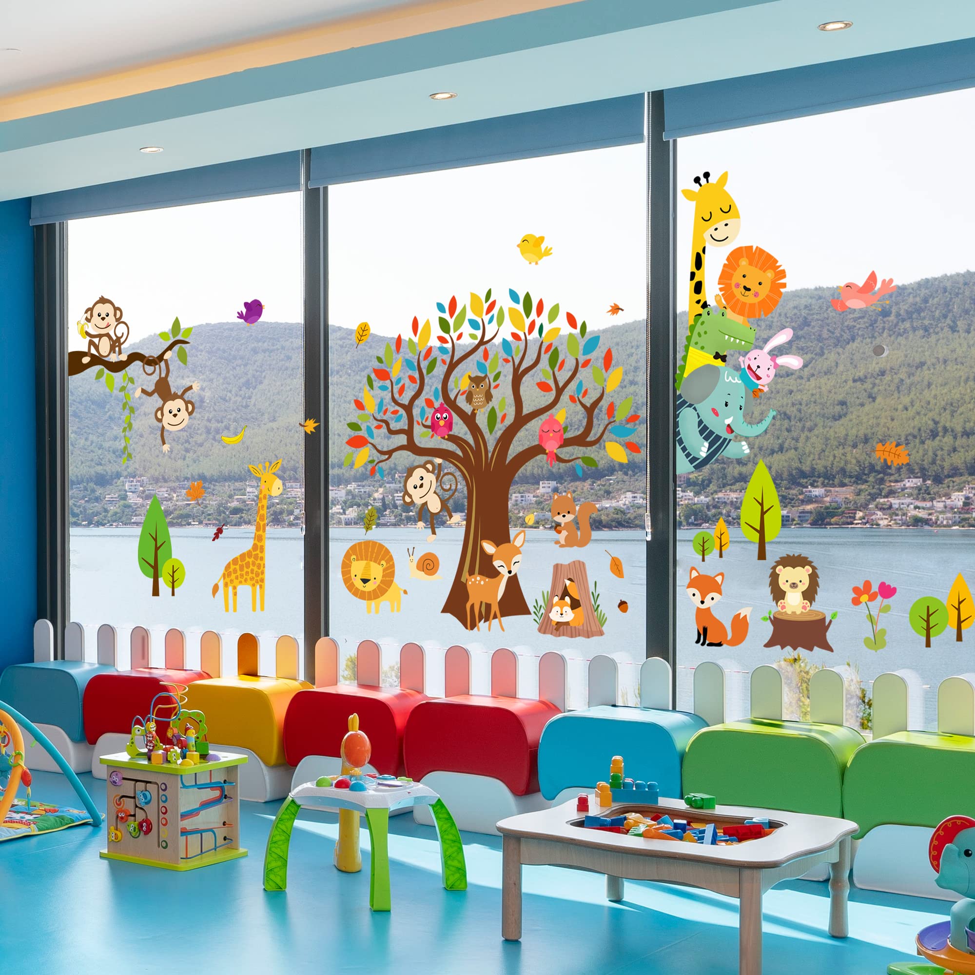 Forest Animals Wall Stickers For Kids Room - Monkey, Elephant, Giraffe, Tiger, Lion Peel & Stick Decals (Ages 1-12)