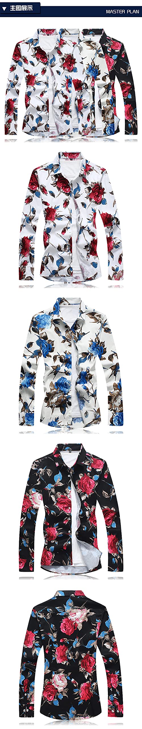 HGJH Hawaii Hemd Männer, Herrenhemd Große Größe Rote Rosen Blumenblätter Druck Hawaiihemd Kuba-Kragen Schwarze Lange Ärmel Button Down Weiches Strandhemd Henley-Hemd Für Männer Jungen