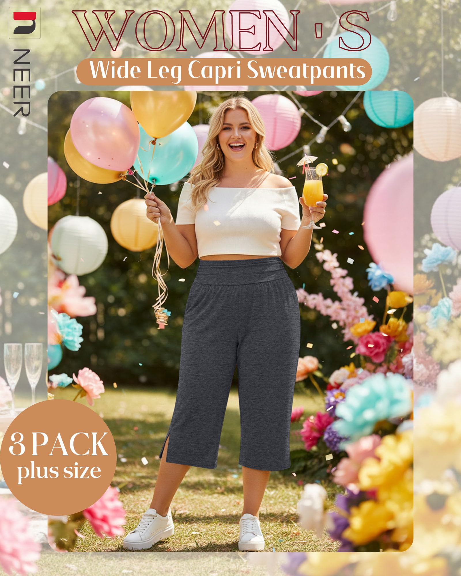 Neer Lot de 3 pantalons capri en coton taille haute pour femme avec poches, Noir, gris foncé, bleu marine, Taille 3XL