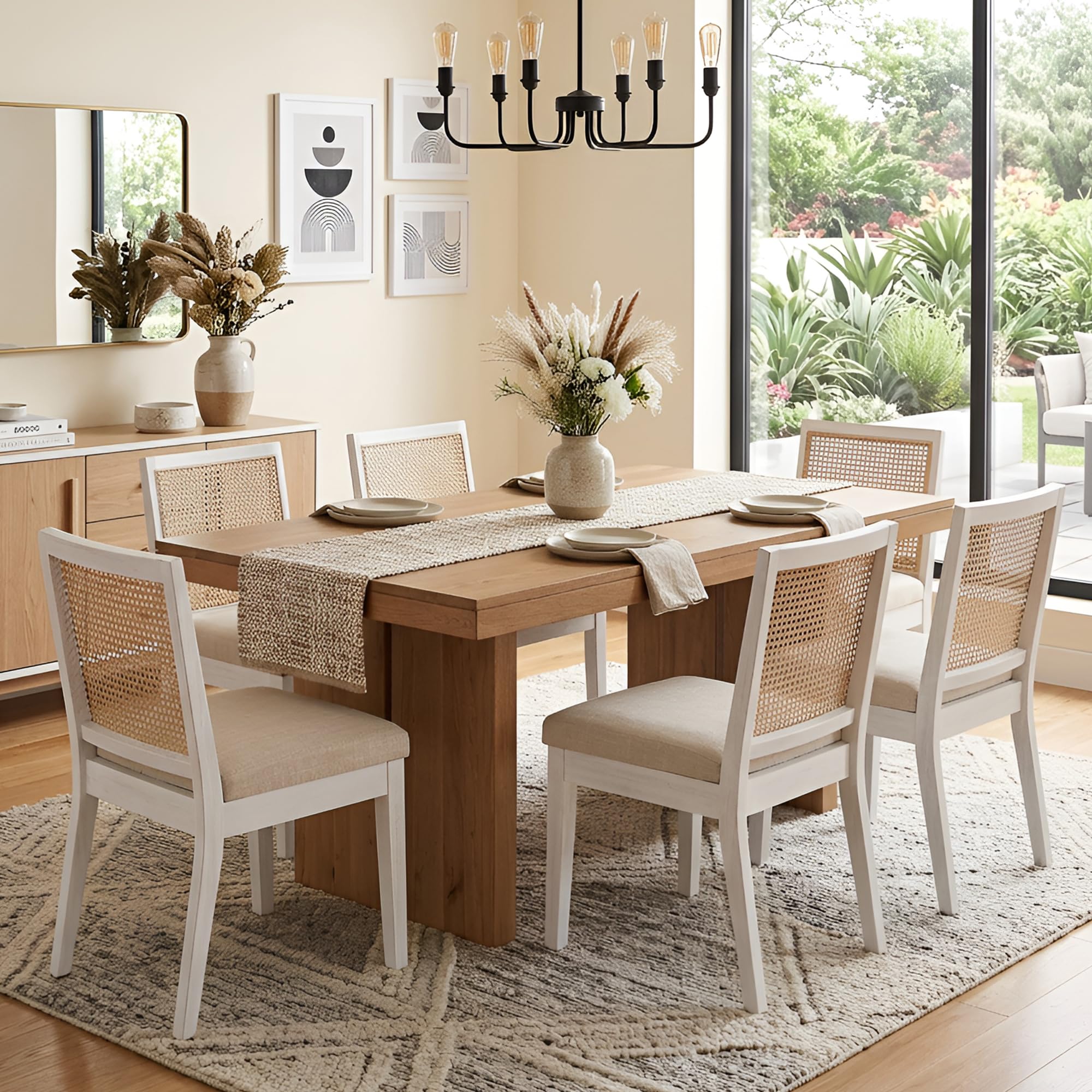 HNY Farmhouse Rattan Dining Chairs Set of 6, Mid Century Modern Kitchen & Dining Room Chairs, Cane Upholstered Kitchen Side Chair with White Hardwood