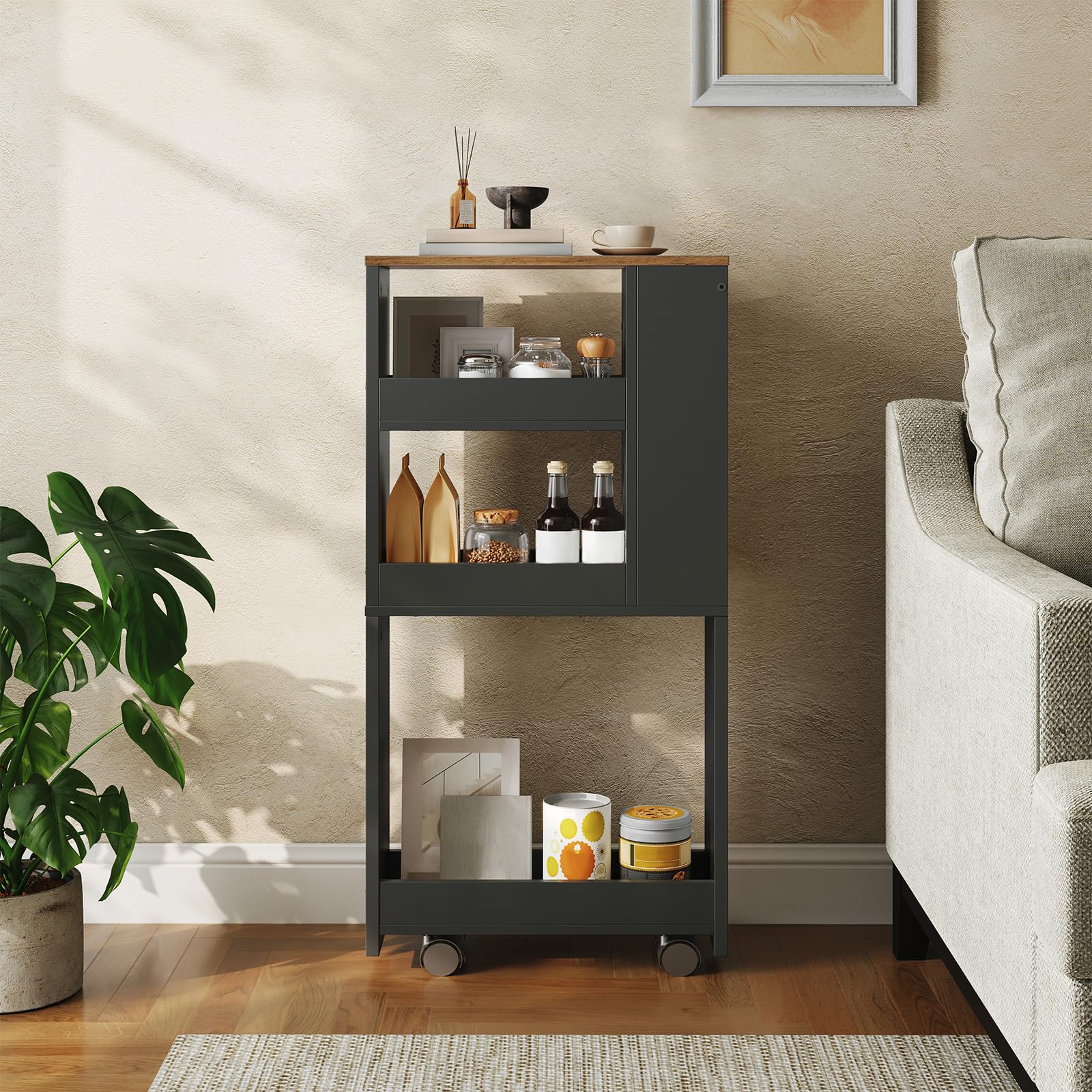HOOBRO Carro Estrecho de 4 Niveles, 40 x 15 x 85,5 cm, con 4 Ruedas Giratorias Bloqueables, para Espacio Pequeño, Cocina, Baño, Sala de Estar, Negro y Marrón Rústico EBF84TC01