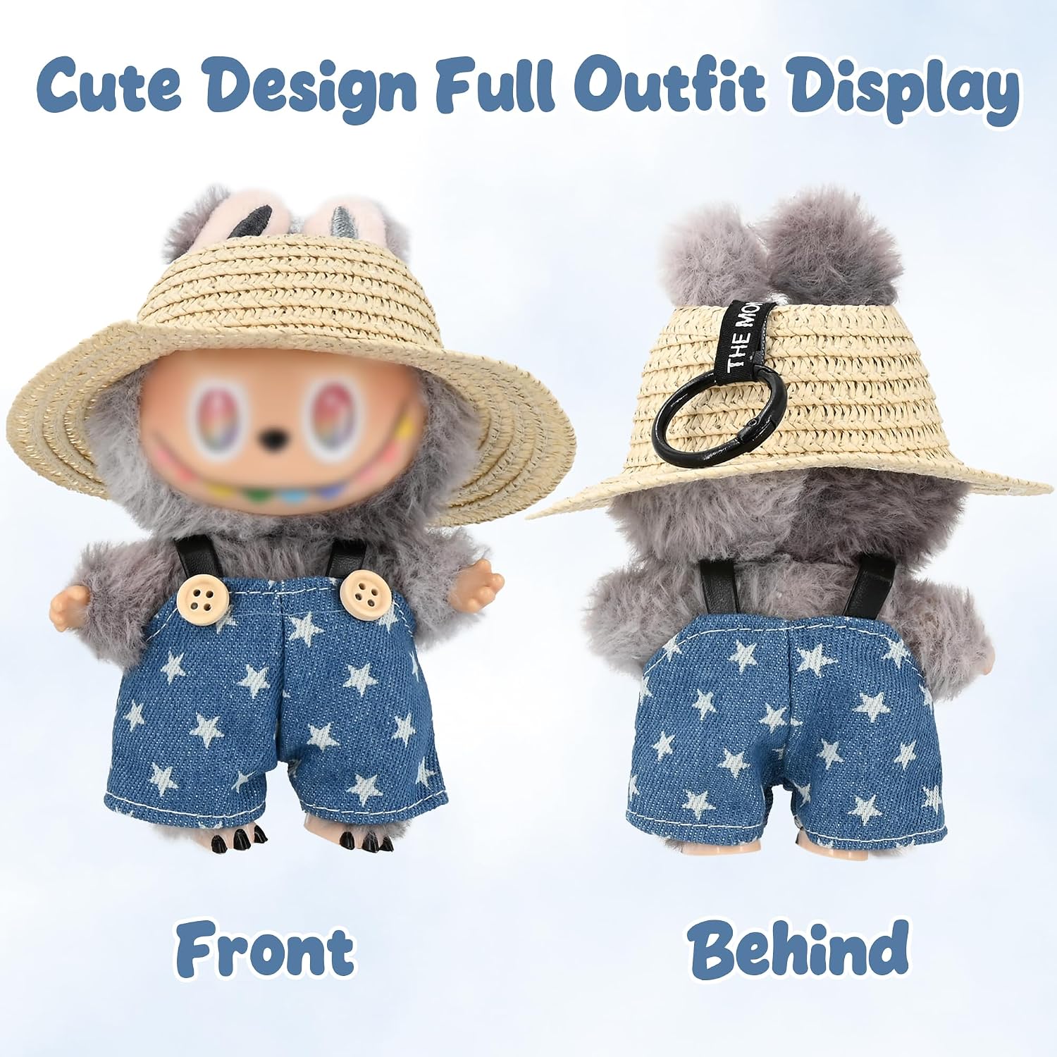 2-Piece Pink Corduroy Clothes Set for 17cm Labubu Dolls - Outfit Includes Overalls & White Straw Hat (Doll Not Included) image 3