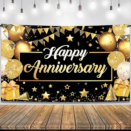 KatchOn, Cartel de feliz aniversario negro y dorado, XL, 72 x 44 pulgadas, telón de fondo de feliz aniversario, decoraciones de feliz aniversario