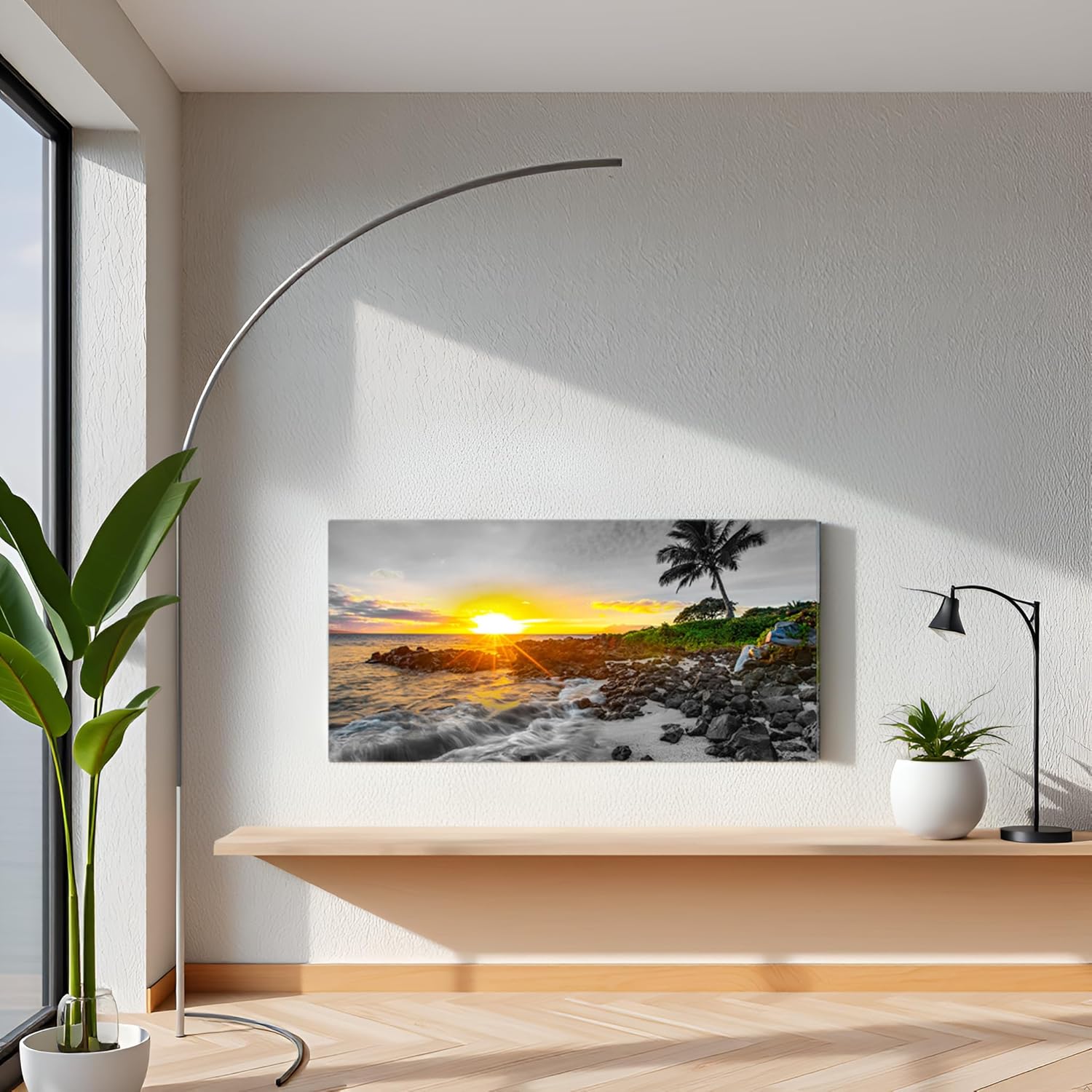 LevvArts Large Size Hawaii Sunset Wall Art Canvas Prints Tropical Beach with Palm Tree Picture Maui Landscape Painting Artwork for Home Living Room Ready to Hang 24"x48" - Image 3