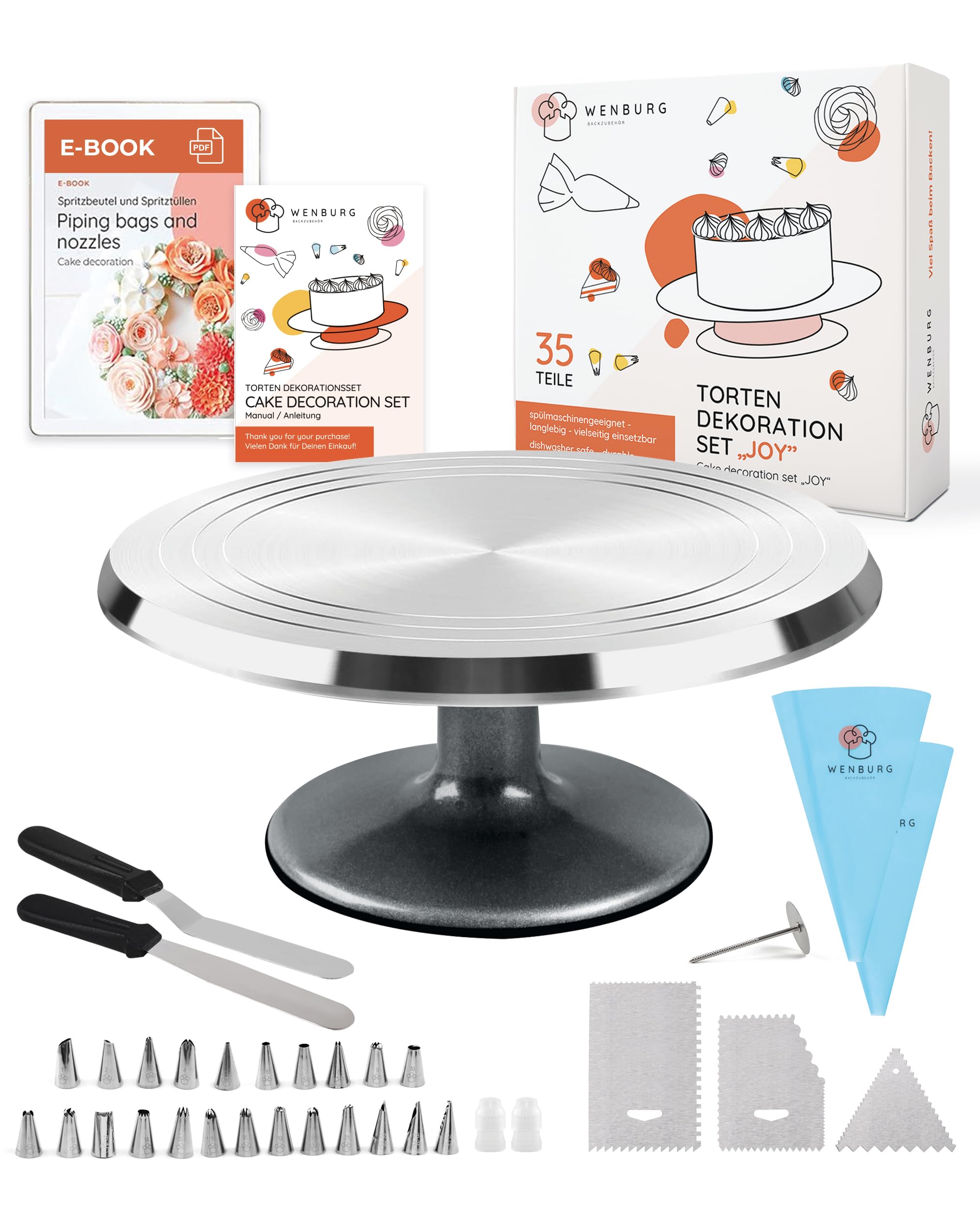 Wenburg Tortenplatte Drehbar aus Aluminiumlegierung - 35-tlg. Tortendeko Set - Drehbare Tortenplatte mit Zubehör - Spritzbeutel, Spritztüllen, E-Book & mehr I Torten Drehteller I Tortenständer
