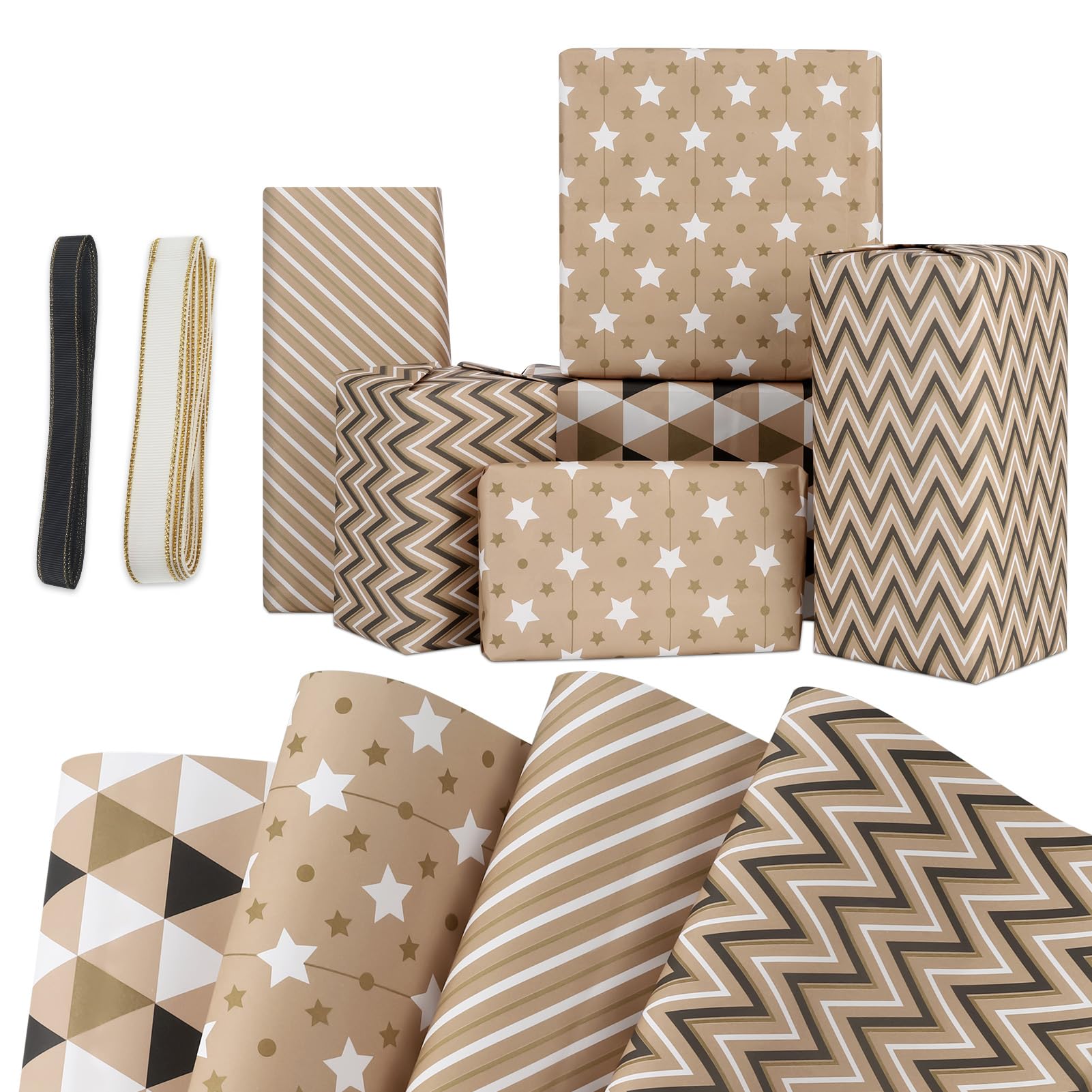 FRIUSATE 4 Sheets Gift Wrapping Paper with 2Pcs Fabric Ribbon, 50x70cm Folded Recyclable Stars Strips Wave Kraft Paper Present Packaging Art Craft Gift Wrap Papers for Birthday Wedding Party