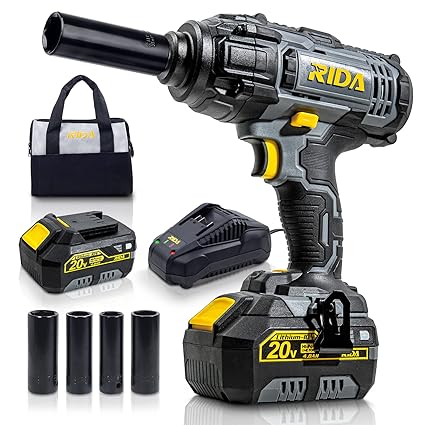 RIDA Cordless Impact Wrench, 1/2 POWER Impact Gun w/ 5 Torque Options Max 300 Ft-lbs (400N.m) Power w/ 4.0Ah Li-ion Battery & 1 Hour Fast Charger, 4 Sockets, Electric Impact Wrench for Car Home