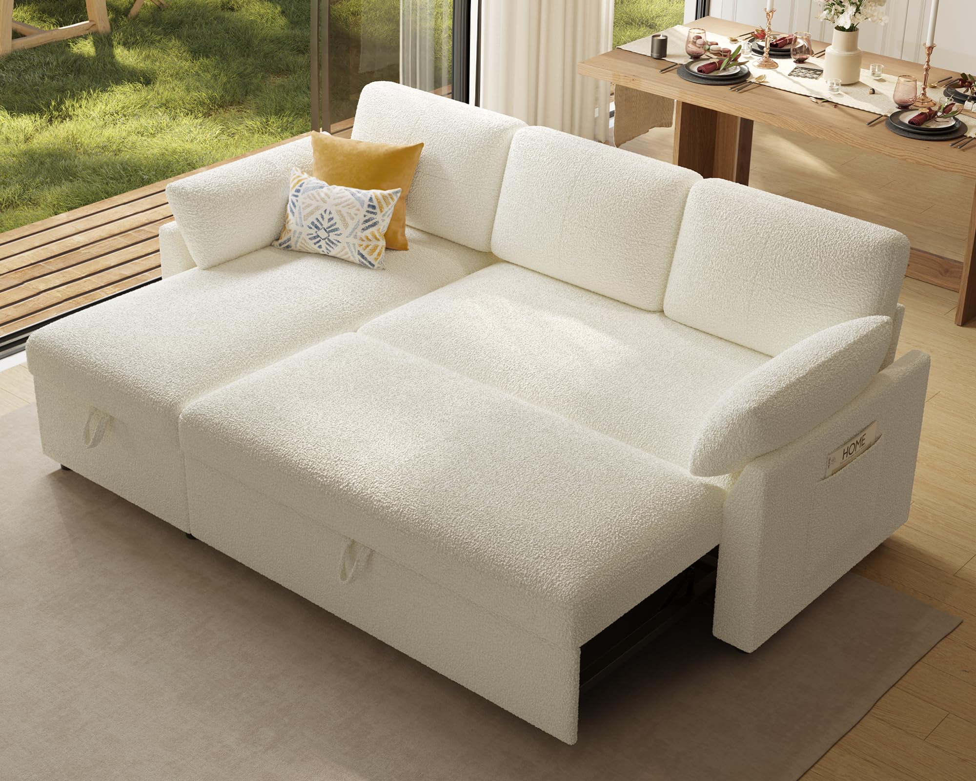 AMERLIFE Sleeper Sofa, 2-in-1 Sofa Bed with Storage Chaise, Pull Out Sofa Couch for Living Room, Guest Room, Boucle White