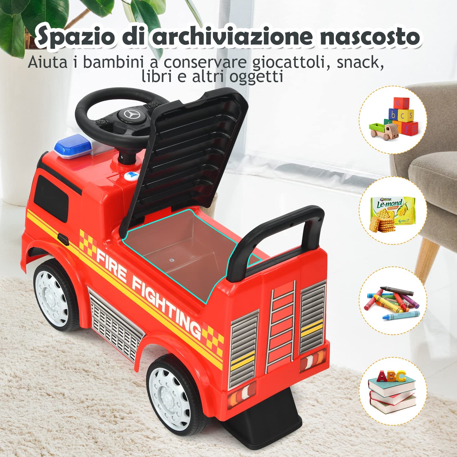 RELAX4LIFE Camion dei Pompieri cavalcabile per Bambini, Girello con Faro e Faro Girevole, con Clacson, Maniglia e Schienale, Spazio di stivaggio, per Bambini da 12 a 36 Mesi, Portata 25 KG