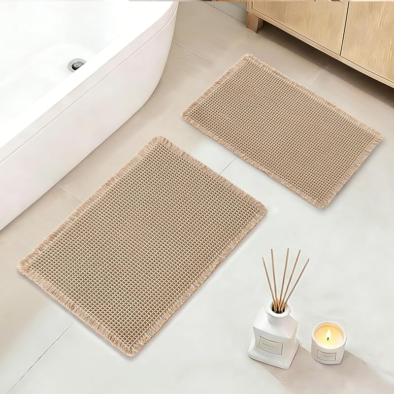 DWCN Waffle Bathroom Mat Set, Super Absorbent Non Slip Bath Rugs Set for Bathroom Floor, Shower Mats 2 Pcs for Tub, Washable Kitchen Rugs for Farmhouse Boho Home Decor, 24"x16"Plus 32"x20", Brown