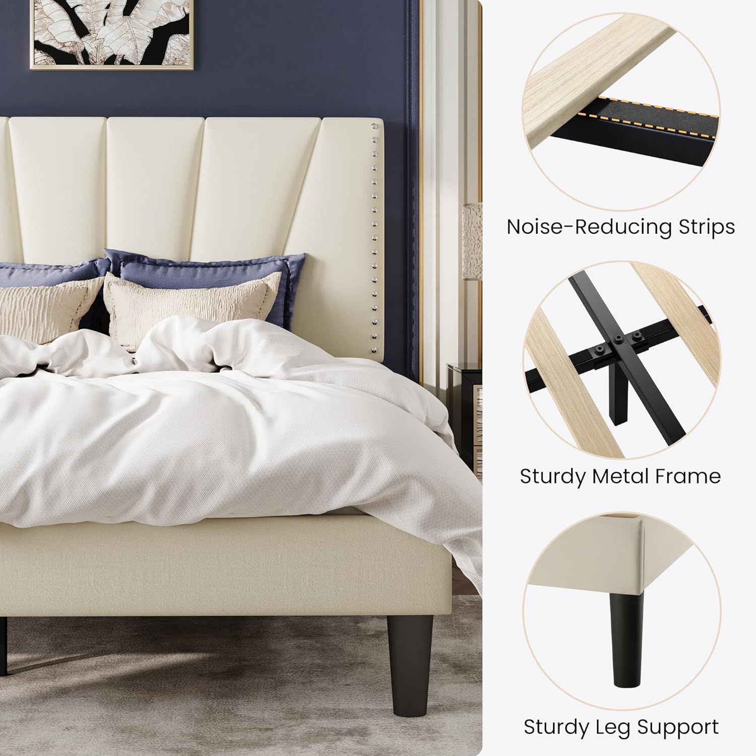 SHA CERLIN Queen Size Bed Frame with Adjustable Upholstered Velvet Rivets Headboard, Sturdy Wooden Slats, Strong Platform Support for Mattress, No Box Spring Needed, Easy Assembly, Cream