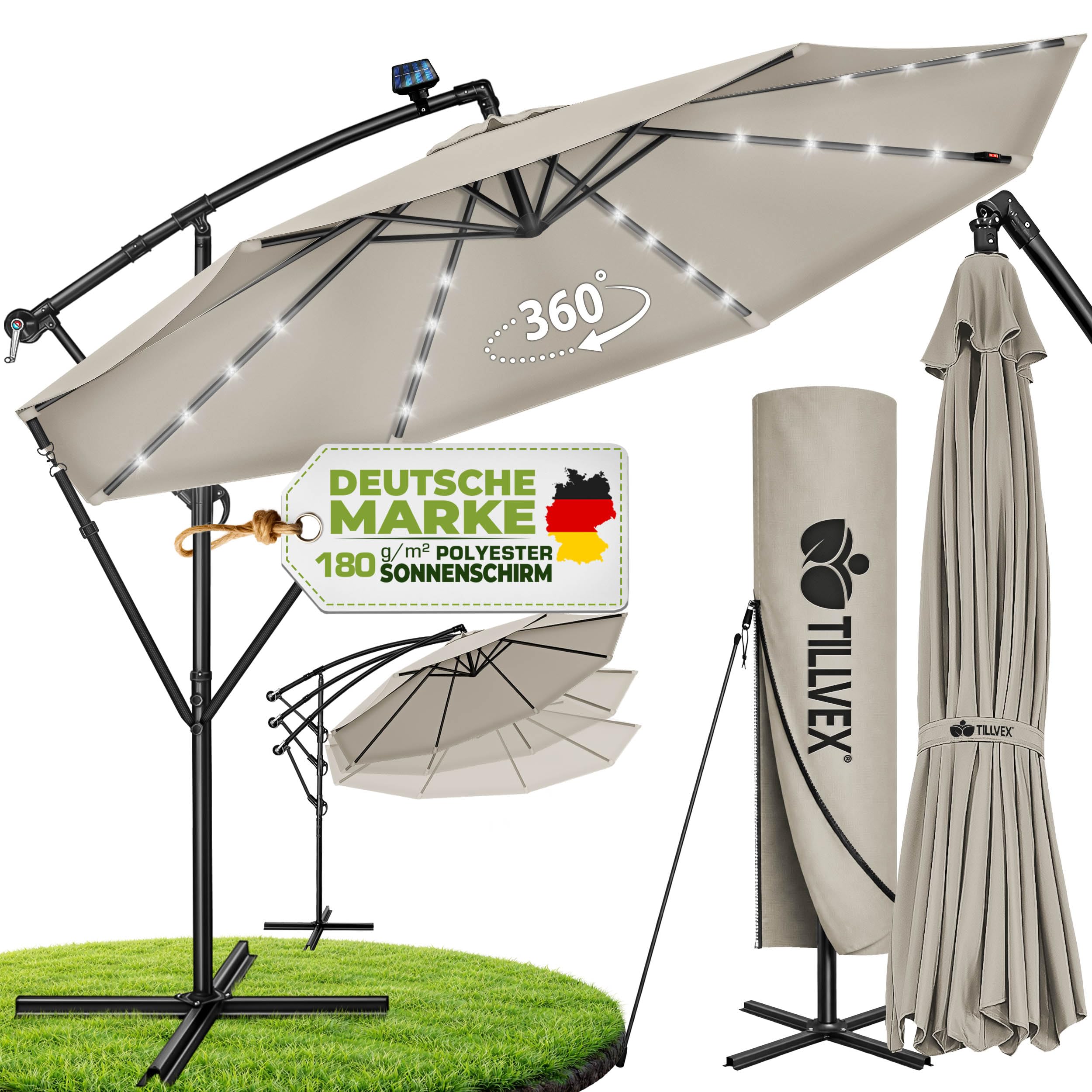 tillvex Alu Ampelschirm + Abdeckung LED Solar Ø 300 cm mit Kurbel, Abdeckung + Ständer | Sonnenschirm mit Windschutz | Gartenschirm UV-Schutz Aluminium | Kurbelschirm Marktschirm wasserdicht
