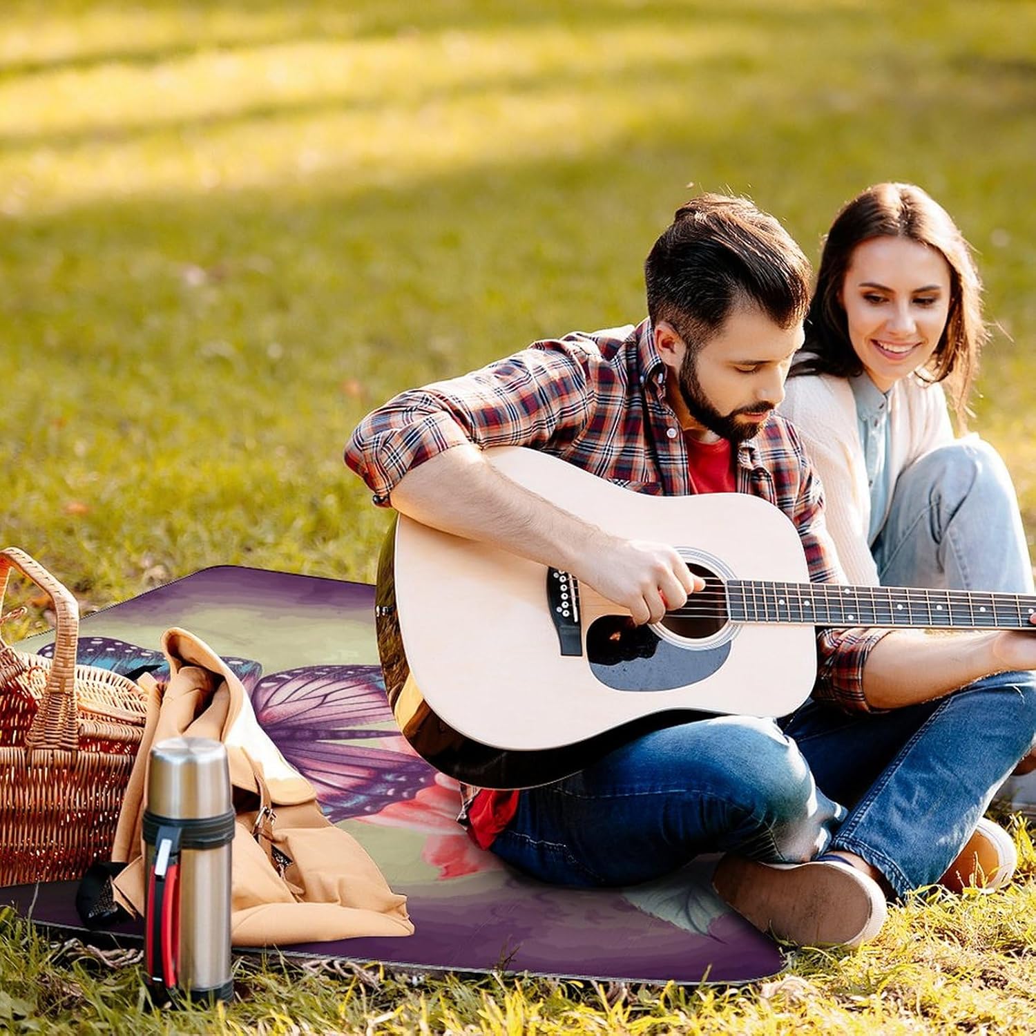 Outdoor Picnic Blanket Extra Large Beach Blanket Waterproof Picnic Mat Butterfly and Rose Camping Blanket Portable with Carry Strap Park Blanket for Grass Camping Park