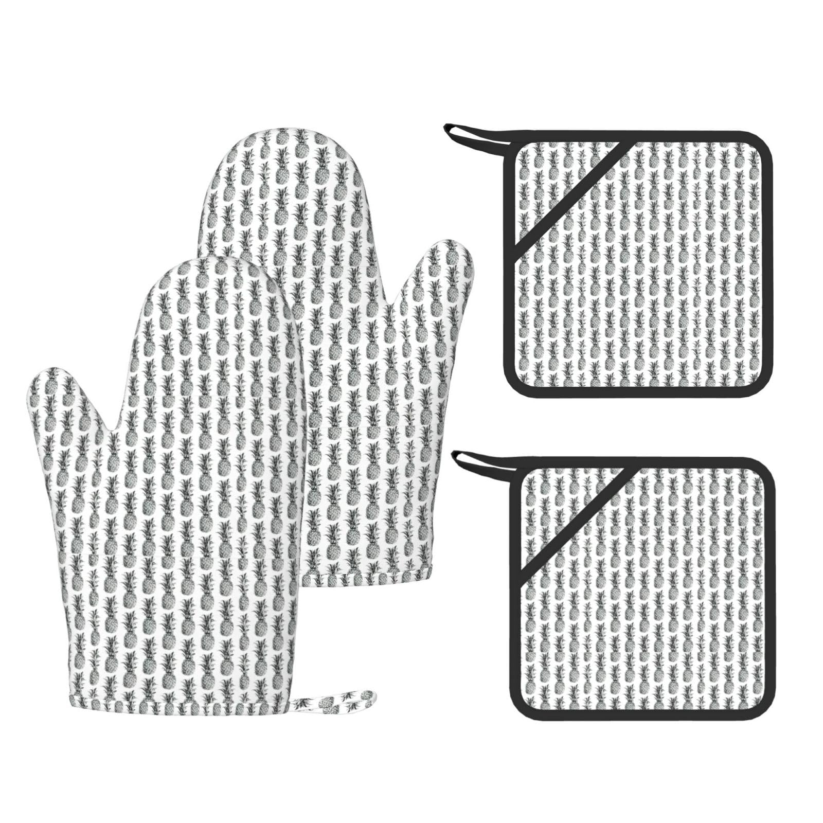Tropical Theme Pineapple Fruit Pattern Printed Potholder and Oven Mitt Set of 4, High Heat Resistant Cooking Gloves for BBQ Grilling